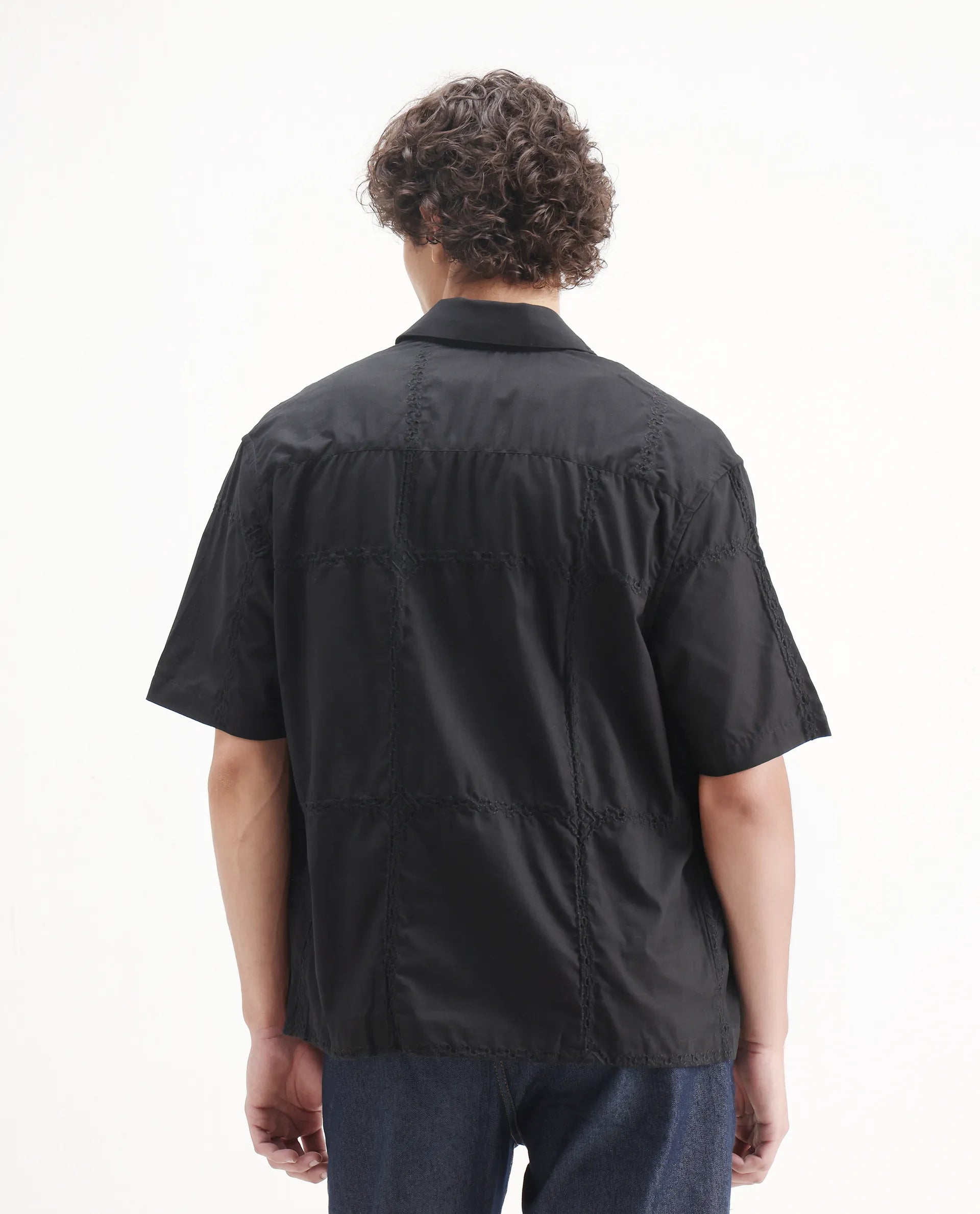 Rare Rabbit Men's Basko Black Cotton Embroidered Regular Fit Half Sleeve Collared Shirt