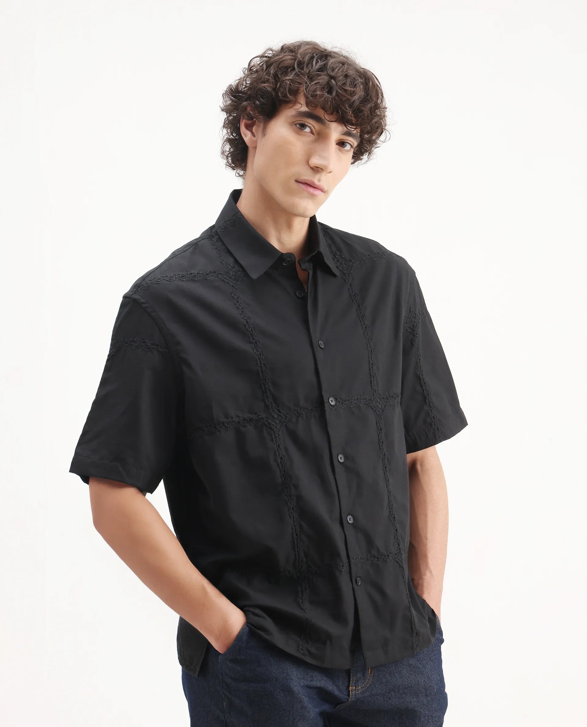 Rare Rabbit Men's Basko Black Cotton Embroidered Regular Fit Half Sleeve Collared Shirt