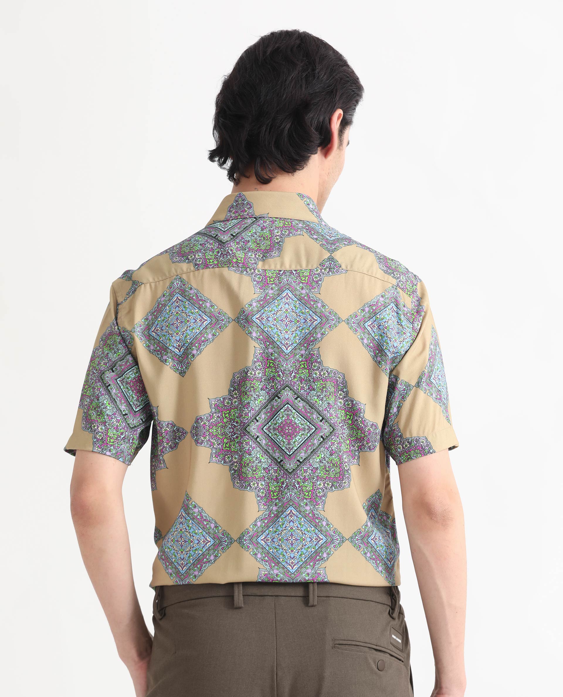 Rare Rabbit Men's Basso Beige Viscose Fabric Geometric Print Half Sleeves Shirt