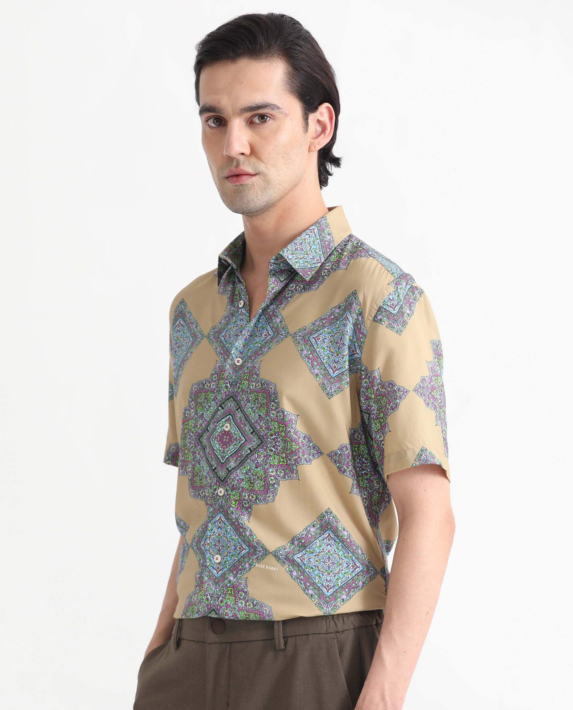 Rare Rabbit Men's Basso Beige Viscose Fabric Geometric Print Half Sleeves Shirt