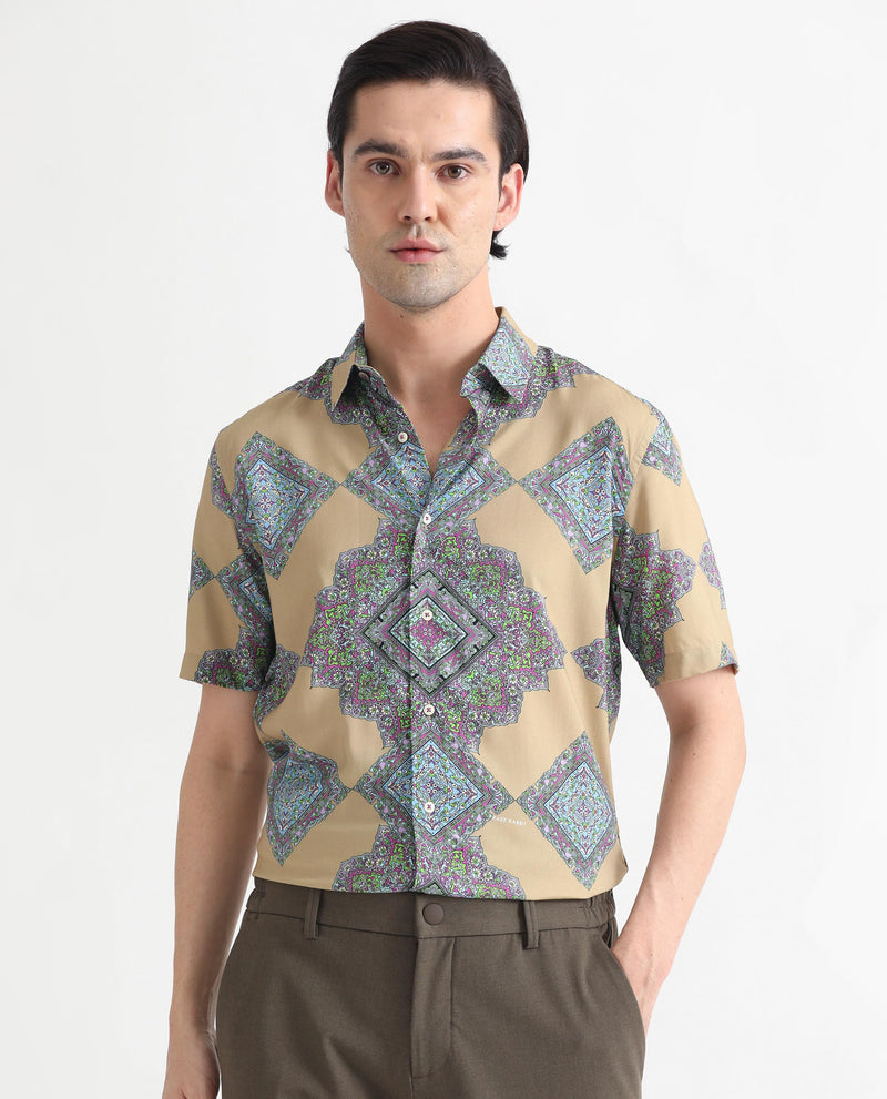 Rare Rabbit Men's Basso Beige Viscose Fabric Geometric Print Half Sleeves Shirt