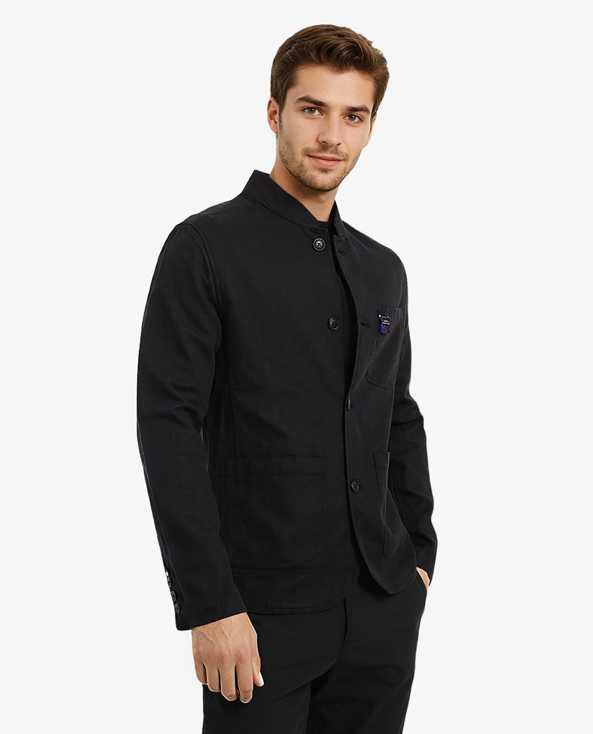 Rare Rabbit Men's Bastein Navy Cotton Fabric Full Sleeves Mandarin Collar Plain Relaxed Fit Jacket