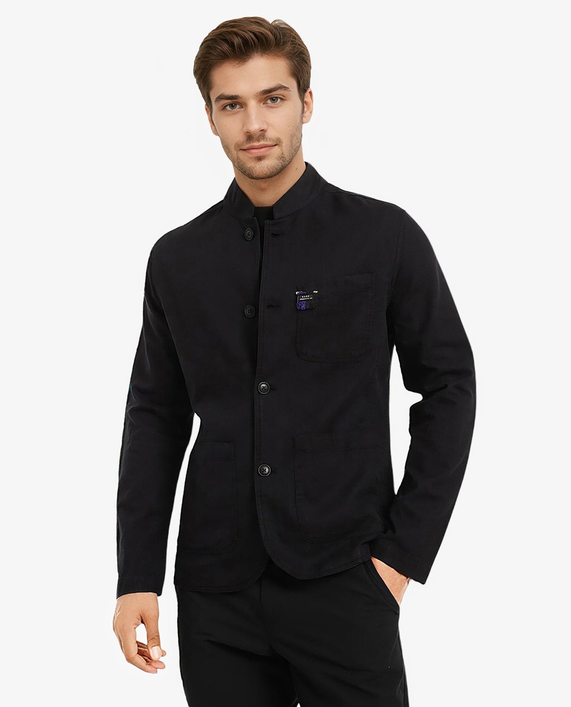 Rare Rabbit Men's Bastein Navy Cotton Fabric Full Sleeves Mandarin Collar Plain Relaxed Fit Jacket