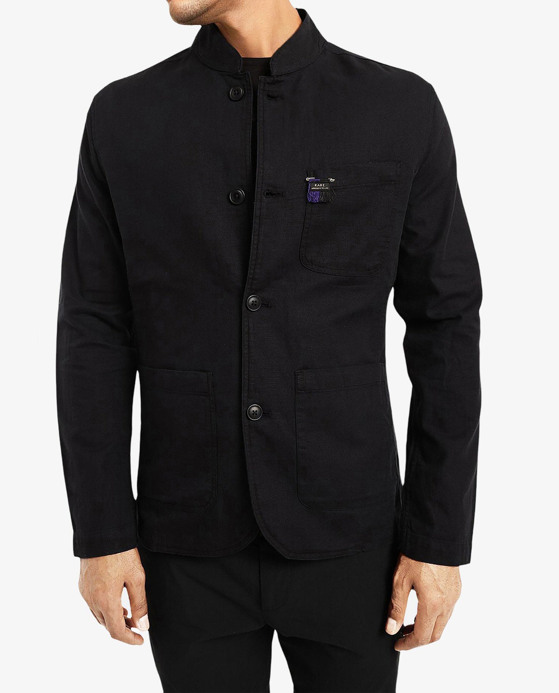 Rare Rabbit Men's Bastein Navy Cotton Fabric Full Sleeves Mandarin Collar Plain Relaxed Fit Jacket