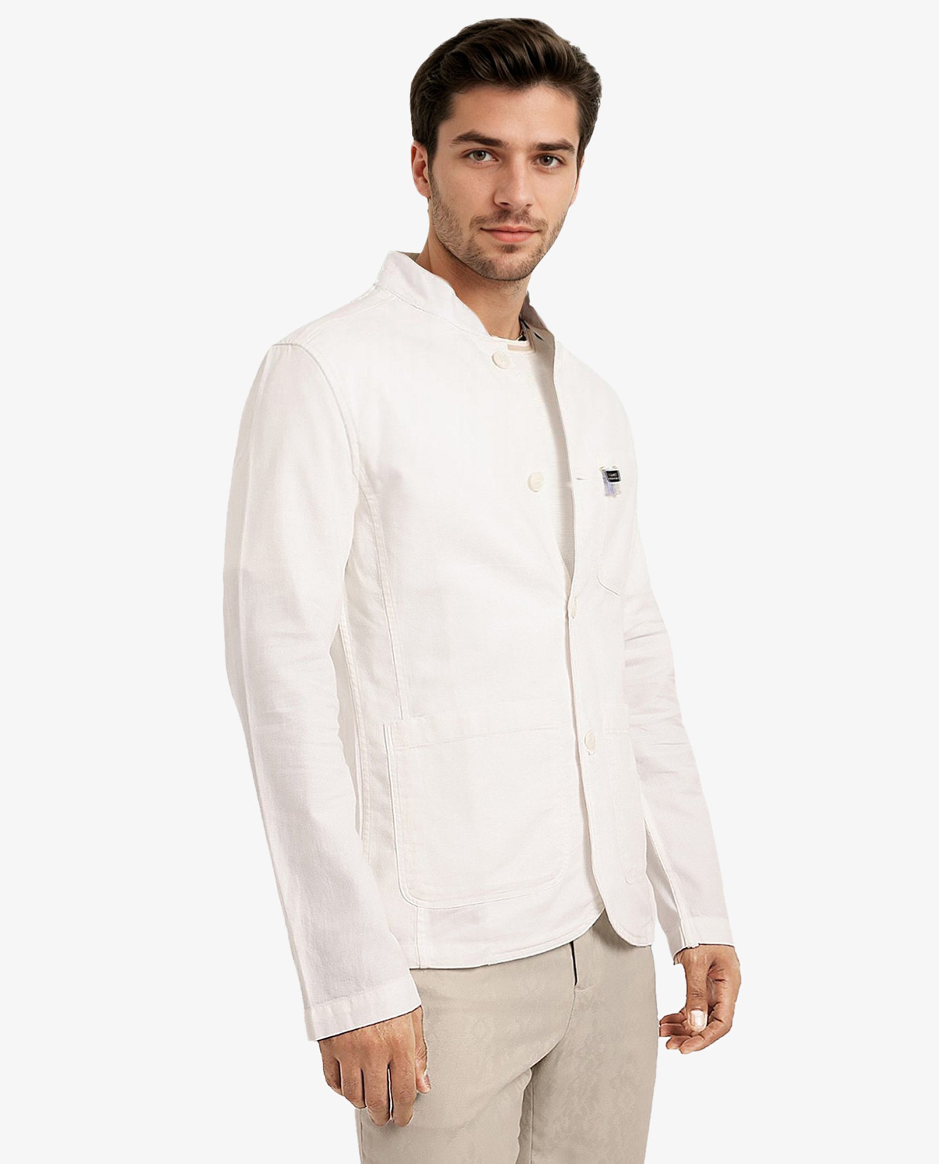 Rare Rabbit Men's Bastein Off White Cotton Fabric Full Sleeves Mandarin Collar Plain Relaxed Fit Jacket