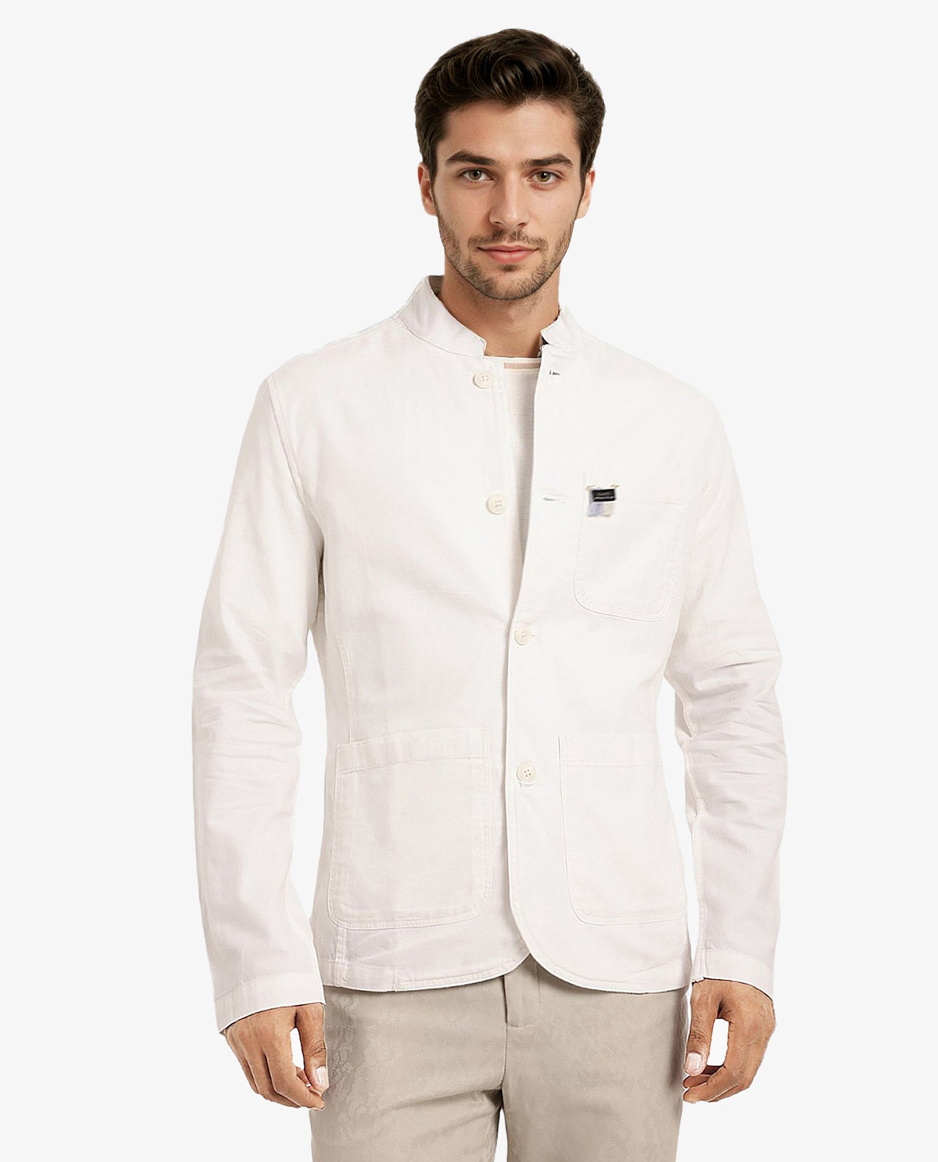 Rare Rabbit Men's Bastein Off White Cotton Fabric Full Sleeves Mandarin Collar Plain Relaxed Fit Jacket