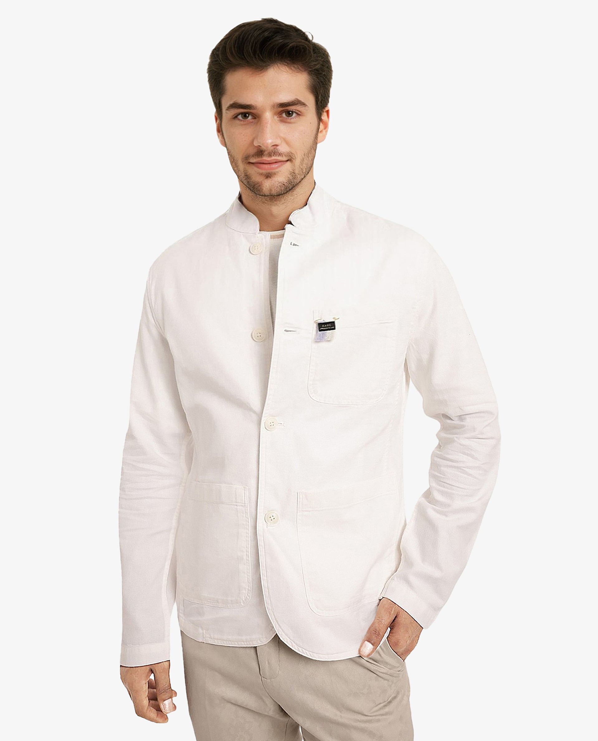 Rare Rabbit Men's Bastein Off White Cotton Fabric Full Sleeves Mandarin Collar Plain Relaxed Fit Jacket