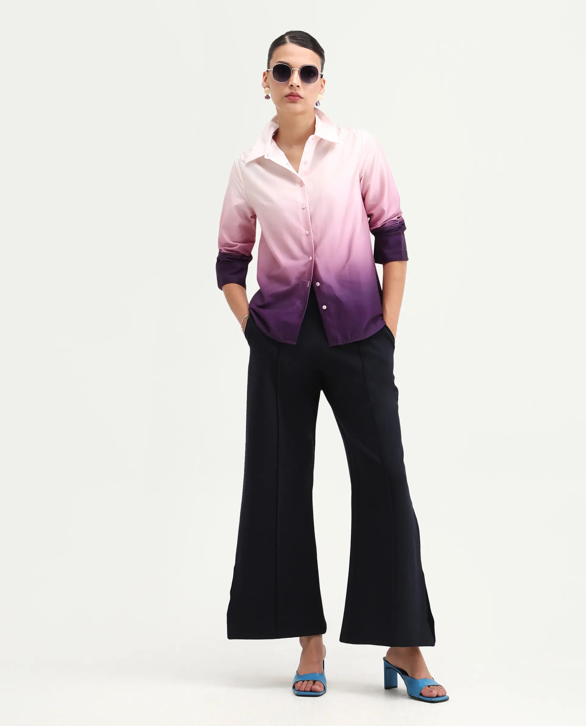 Rareism Women's Batim Purple Cotton Collared Neck Regular Fit Shirt