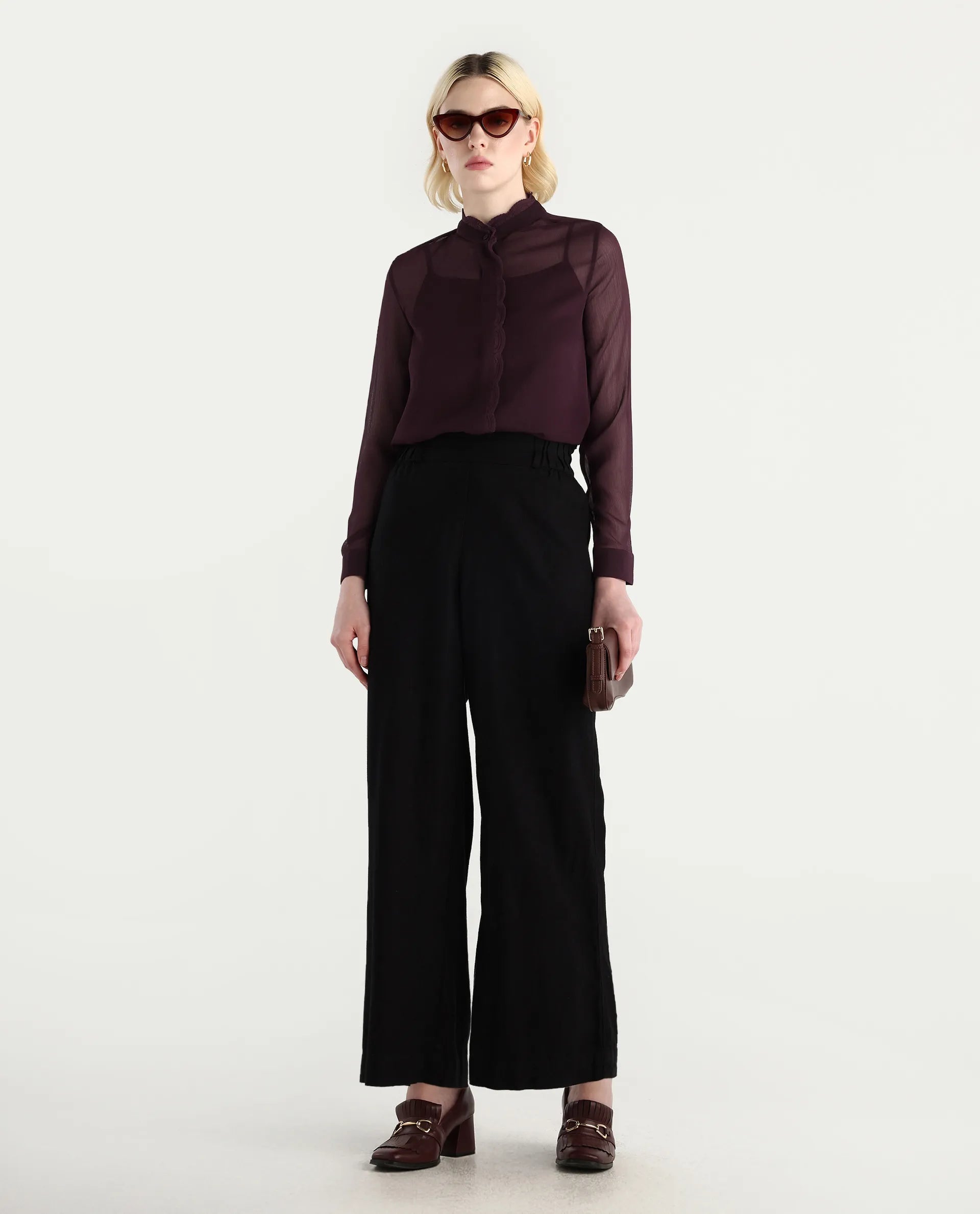 Rareism Women's Batmin Maroon Polyester Cuffed Sleeve Mandarin Collar Regular Fit Shirt