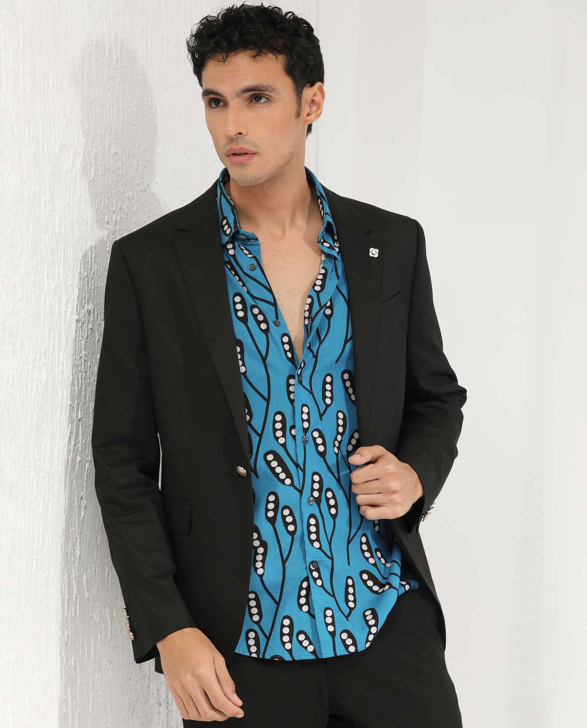 Rare Rabbit Men's Baton Blue Viscose Fabric Tropical Print Half Sleeves Shirt