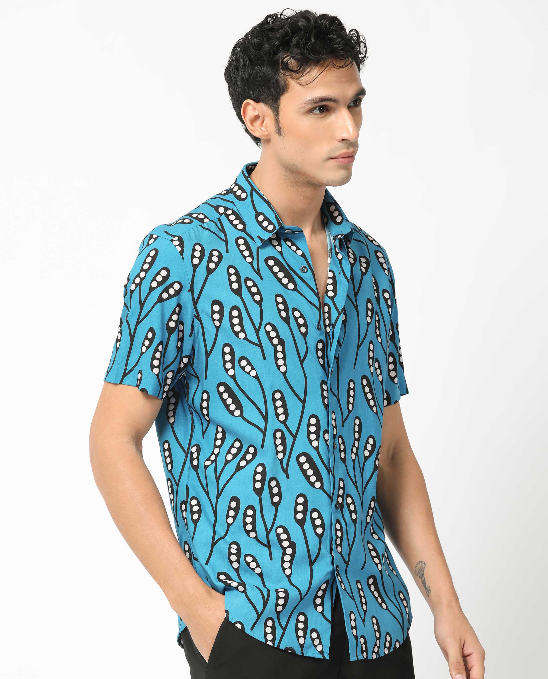 Rare Rabbit Men's Baton Blue Viscose Fabric Tropical Print Half Sleeves Shirt
