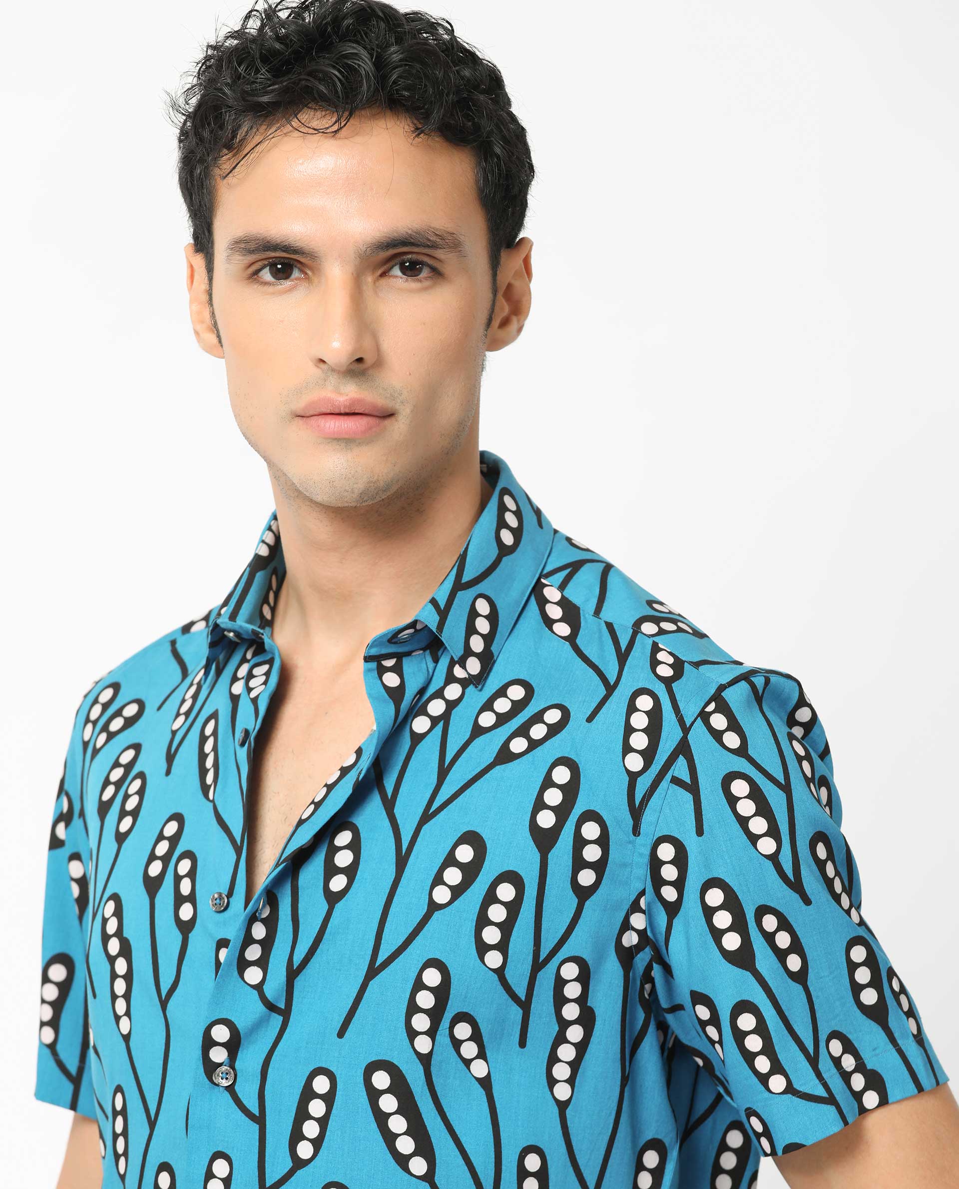 Rare Rabbit Men's Baton Blue Viscose Fabric Tropical Print Half Sleeves Shirt