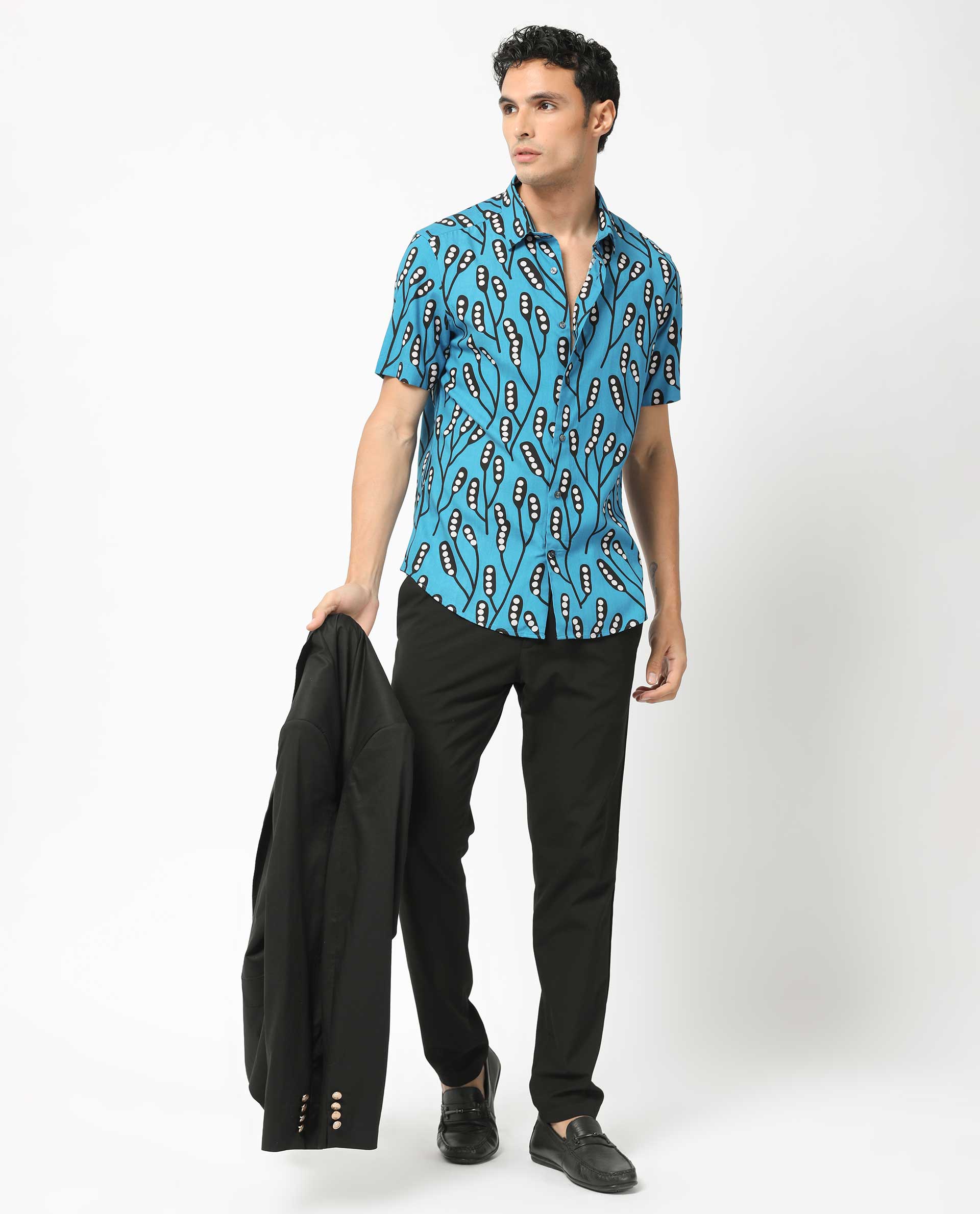 Rare Rabbit Men's Baton Blue Viscose Fabric Tropical Print Half Sleeves Shirt