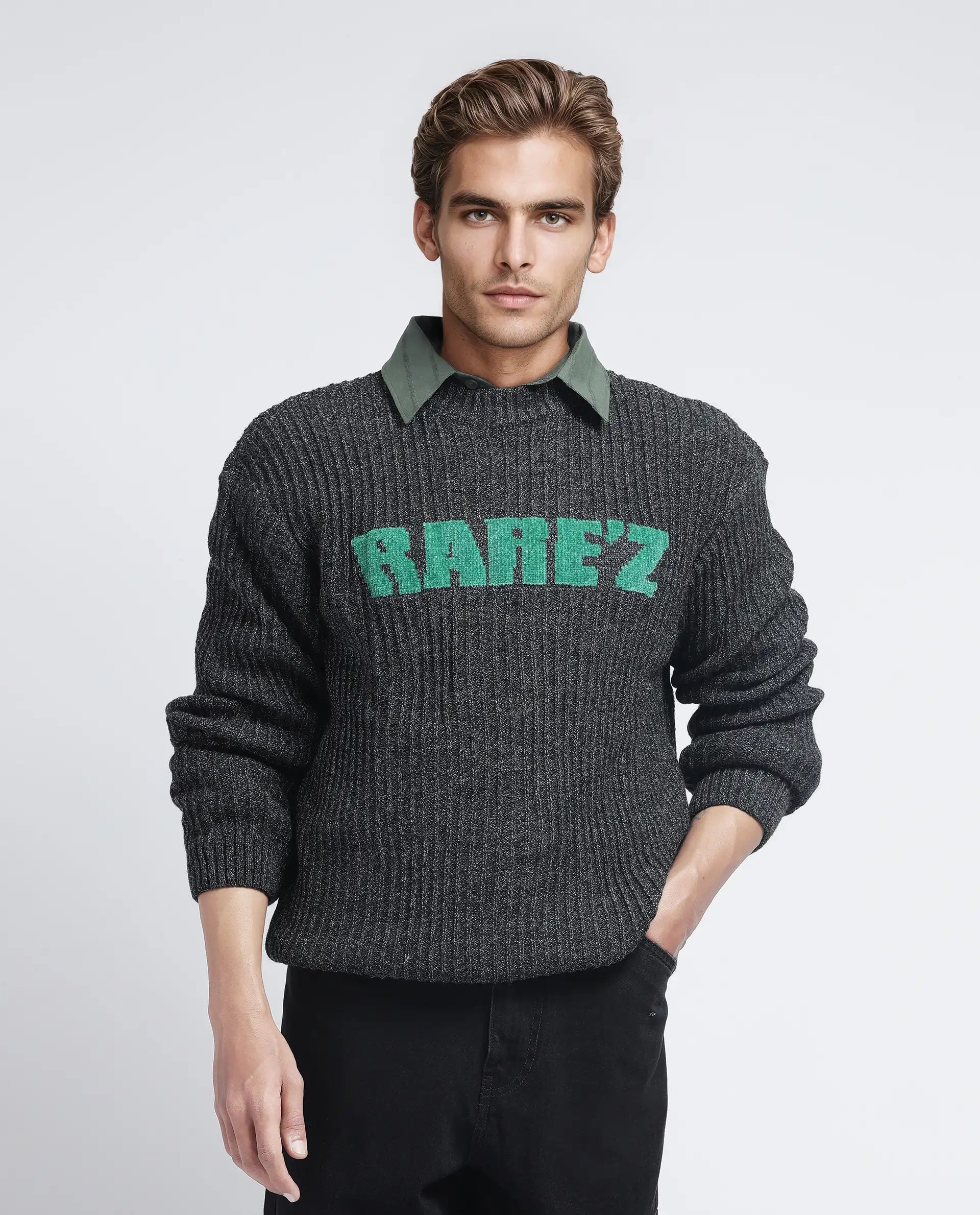 Rare Rabbit Men's Batten Dark Grey Cotton Fabric Full Sleeve Crew Neck Regular Fit Rare'z Branded Sweater