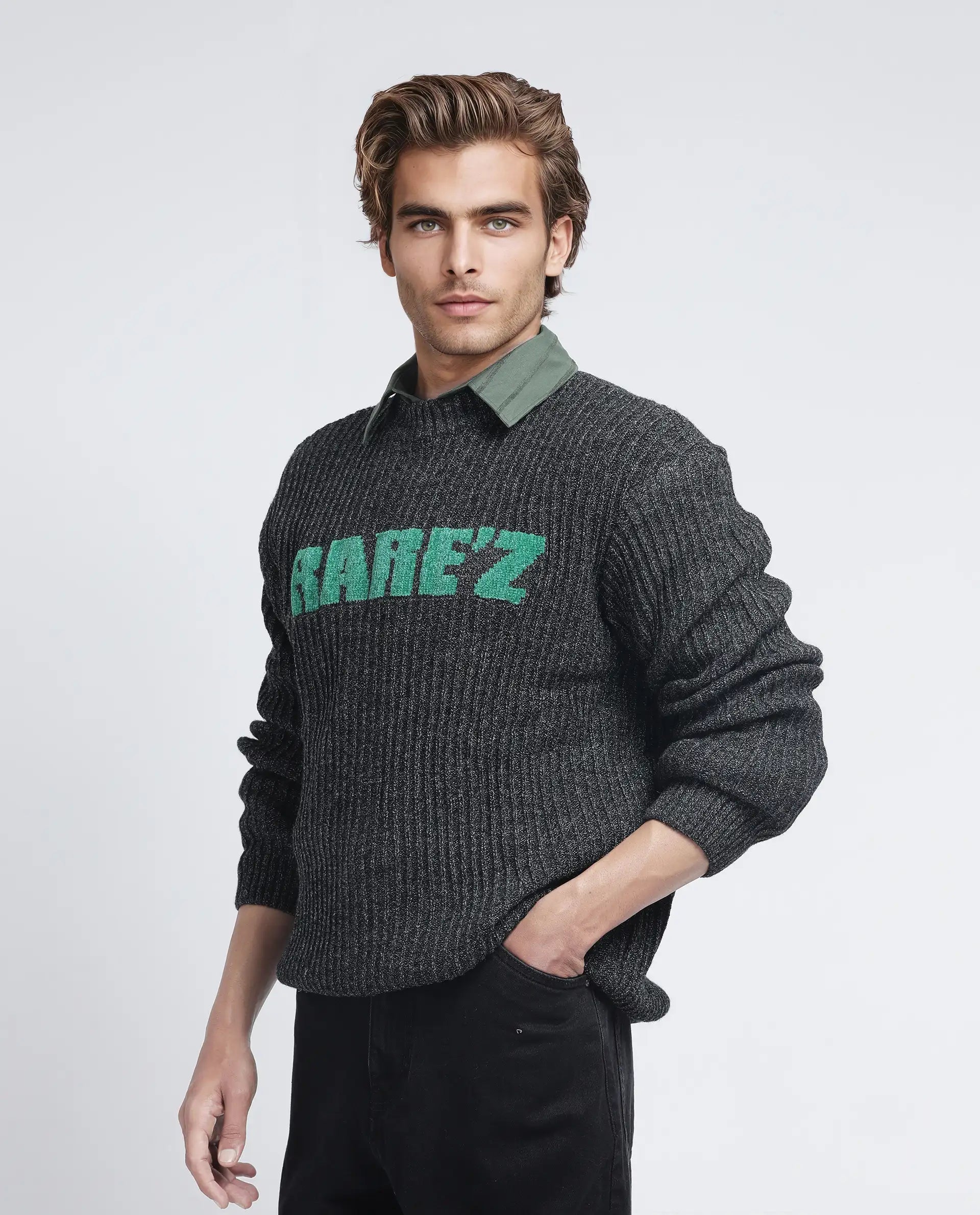 Rare Rabbit Men's Batten Dark Grey Cotton Fabric Full Sleeve Crew Neck Regular Fit Rare'z Branded Sweater