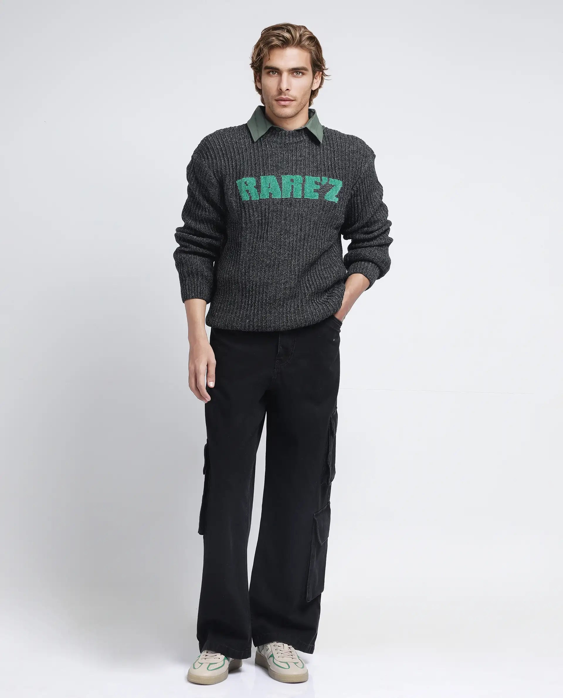 Rare Rabbit Men's Batten Dark Grey Cotton Fabric Full Sleeve Crew Neck Regular Fit Rare'z Branded Sweater