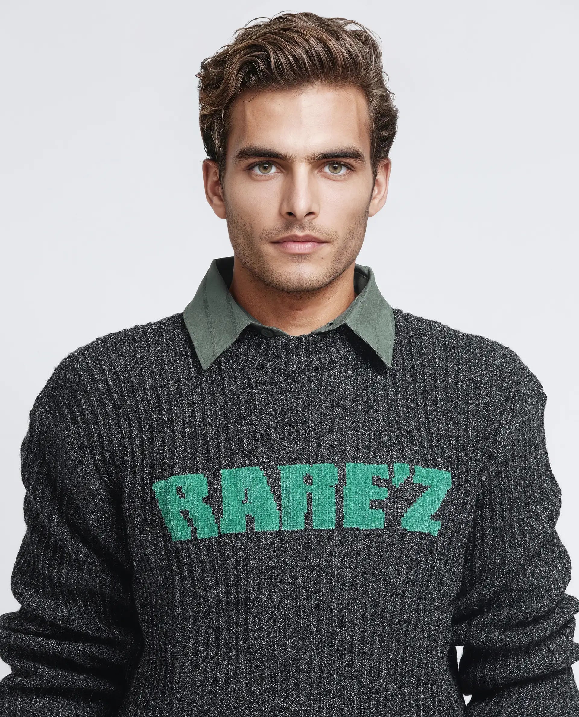 Rare Rabbit Men's Batten Dark Grey Cotton Fabric Full Sleeve Crew Neck Regular Fit Rare'z Branded Sweater