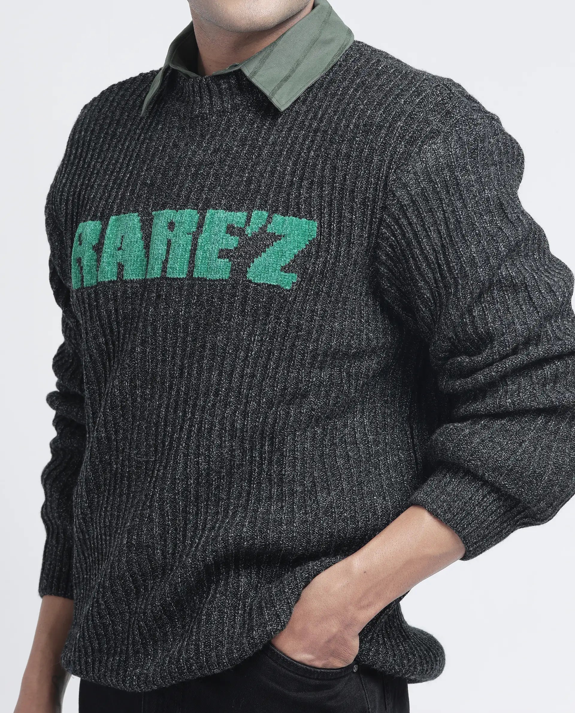 Rare Rabbit Men's Batten Dark Grey Cotton Fabric Full Sleeve Crew Neck Regular Fit Rare'z Branded Sweater