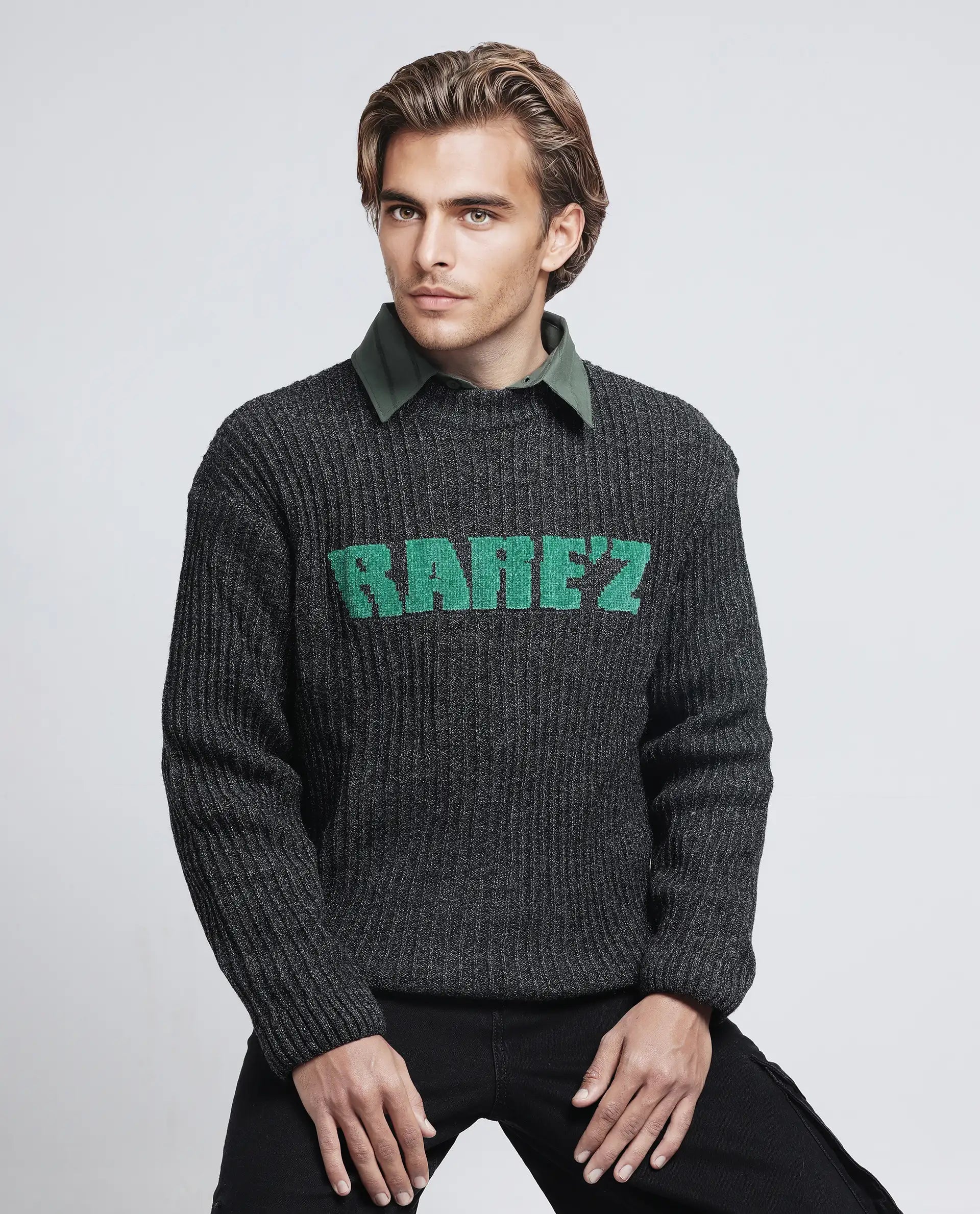 Rare Rabbit Men's Batten Dark Grey Cotton Fabric Full Sleeve Crew Neck Regular Fit Rare'z Branded Sweater