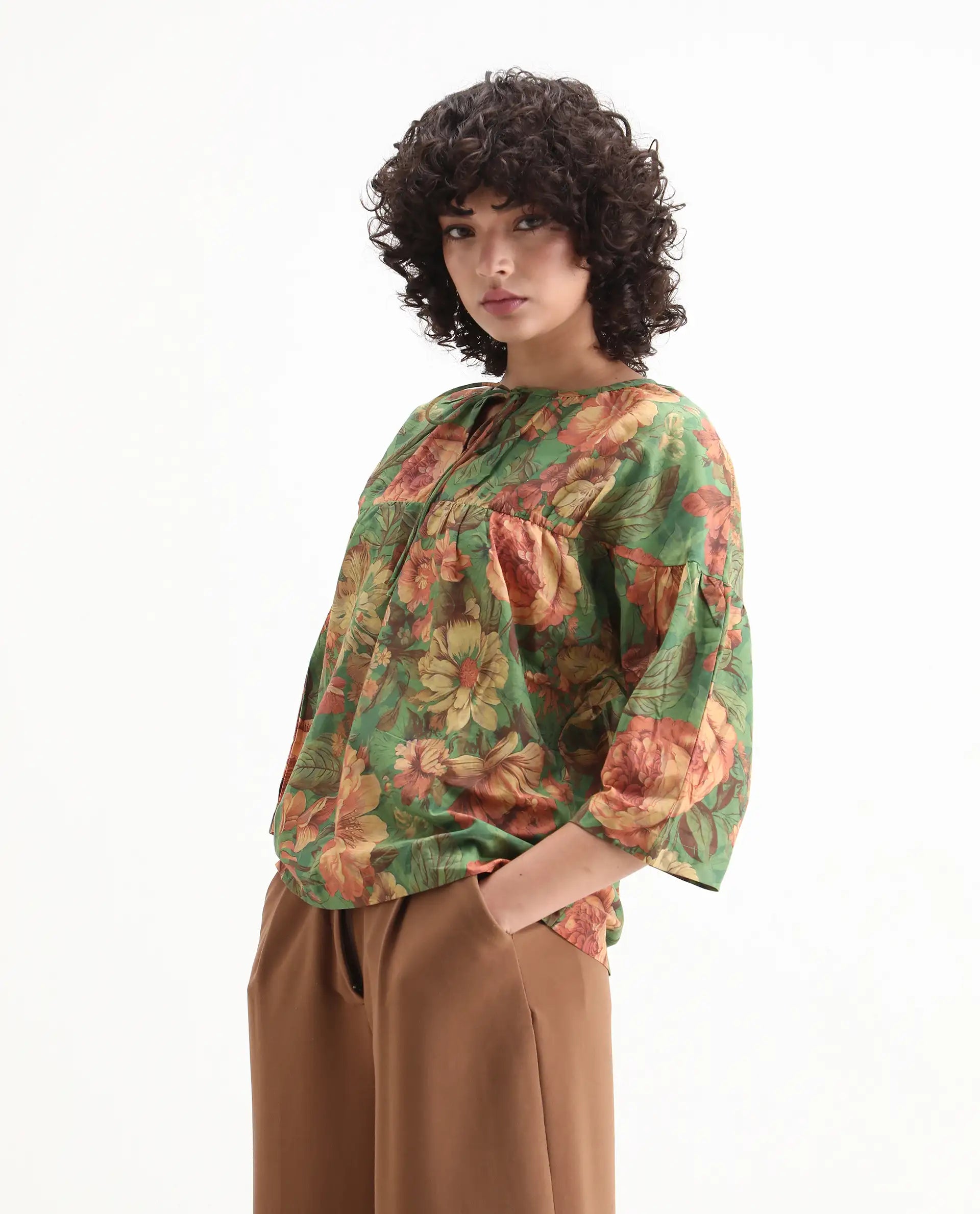 Rareism Women's Baudel Green Cotton Tie-Up Neck Floral Print Kimono Sleeve Relaxed Fit Top