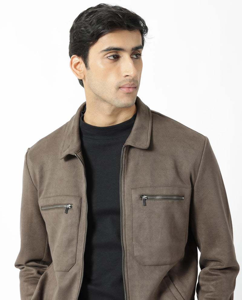 RARE RABBIT MENS BAX DARK GREY JACKET POLYESTER FABRIC COLLARED NECK WOVEN FULL SLEEVES BUTTON AND ZIP CLOSURE BOXY FIT