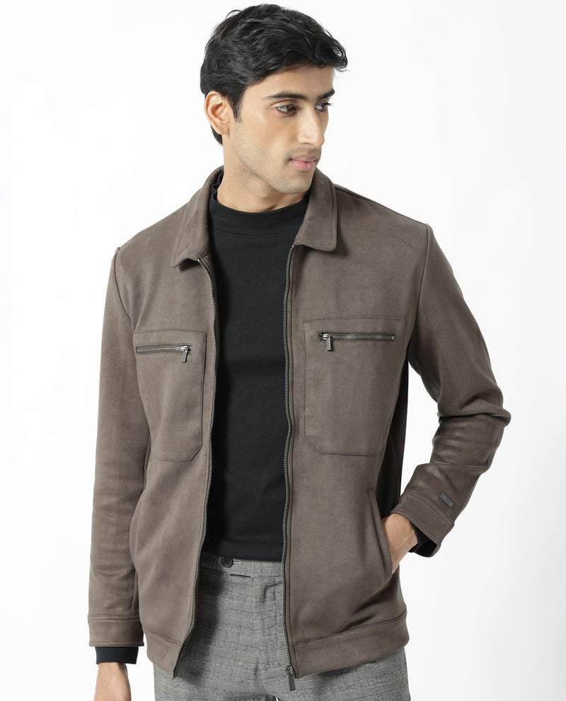 RARE RABBIT MENS BAX DARK GREY JACKET POLYESTER FABRIC COLLARED NECK WOVEN FULL SLEEVES BUTTON AND ZIP CLOSURE BOXY FIT