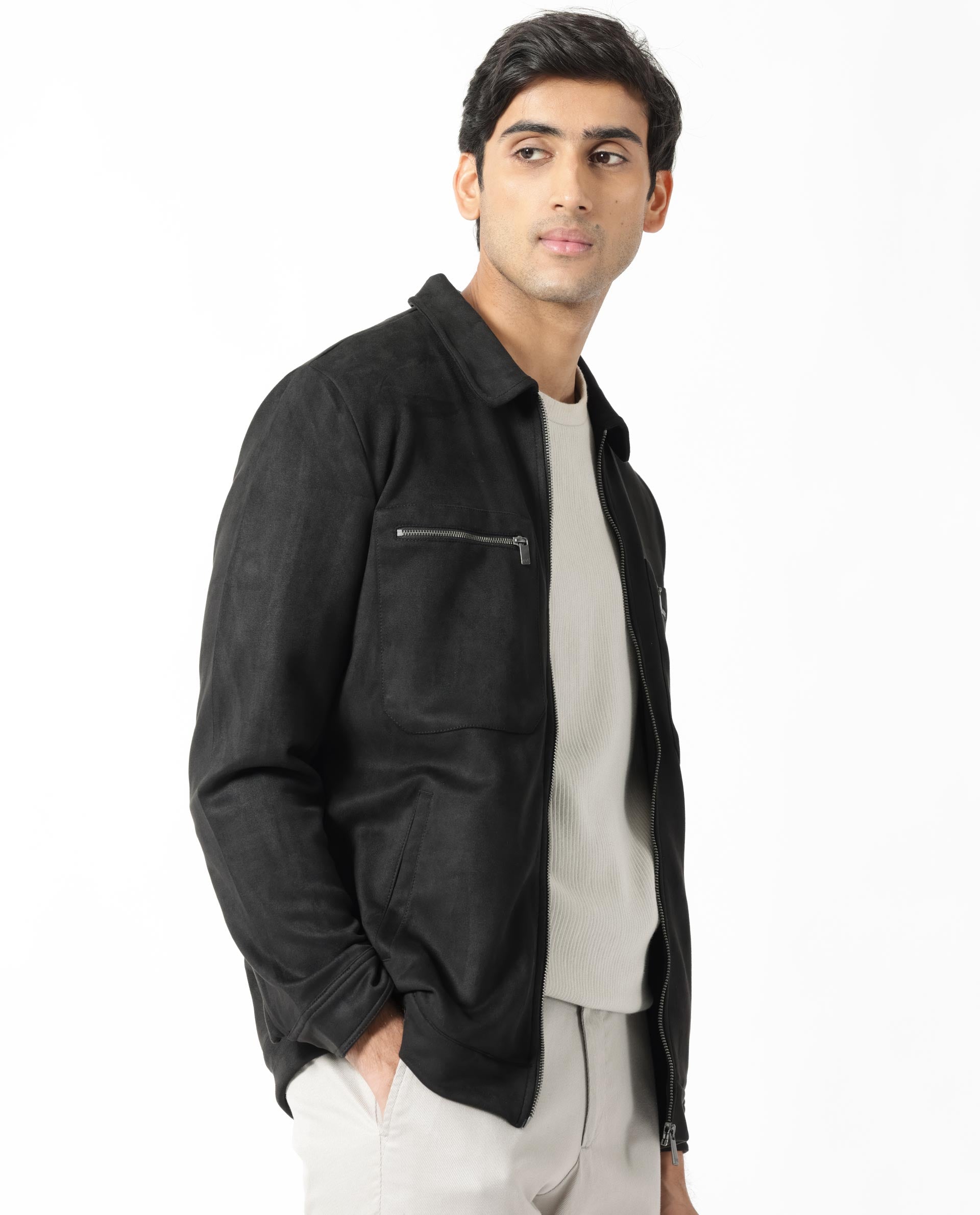 Rare Rabbit Mens Bax 1 Black Jacket Polyester Fabric Collared Neck Woven Full Sleeves Button And Zip Closure Boxy Fit