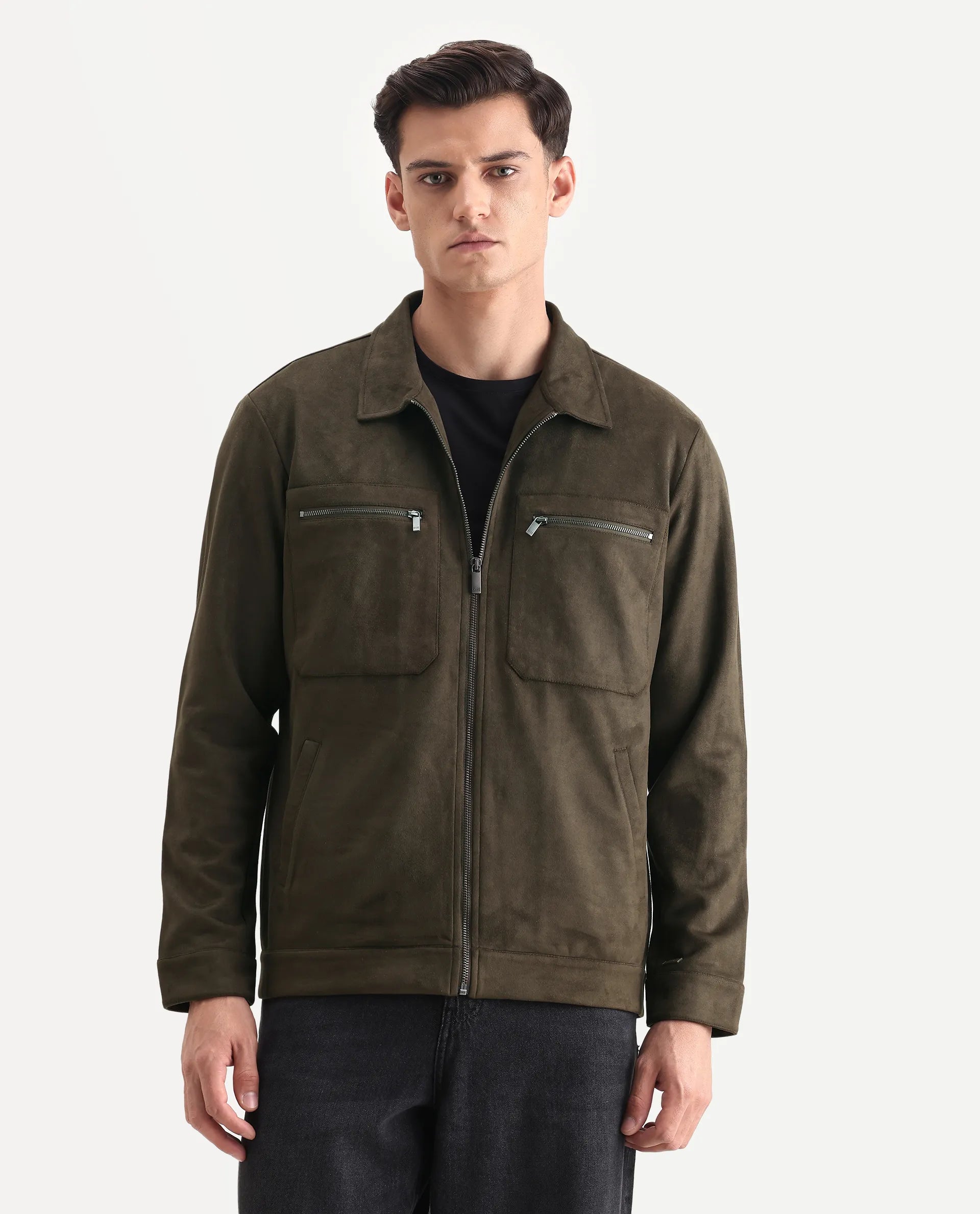 Rare Rabbit Men's Bax-25 Dark Olive Polyester Blend Plain Relaxed Fit Full Sleeve Spread Collar Jacket