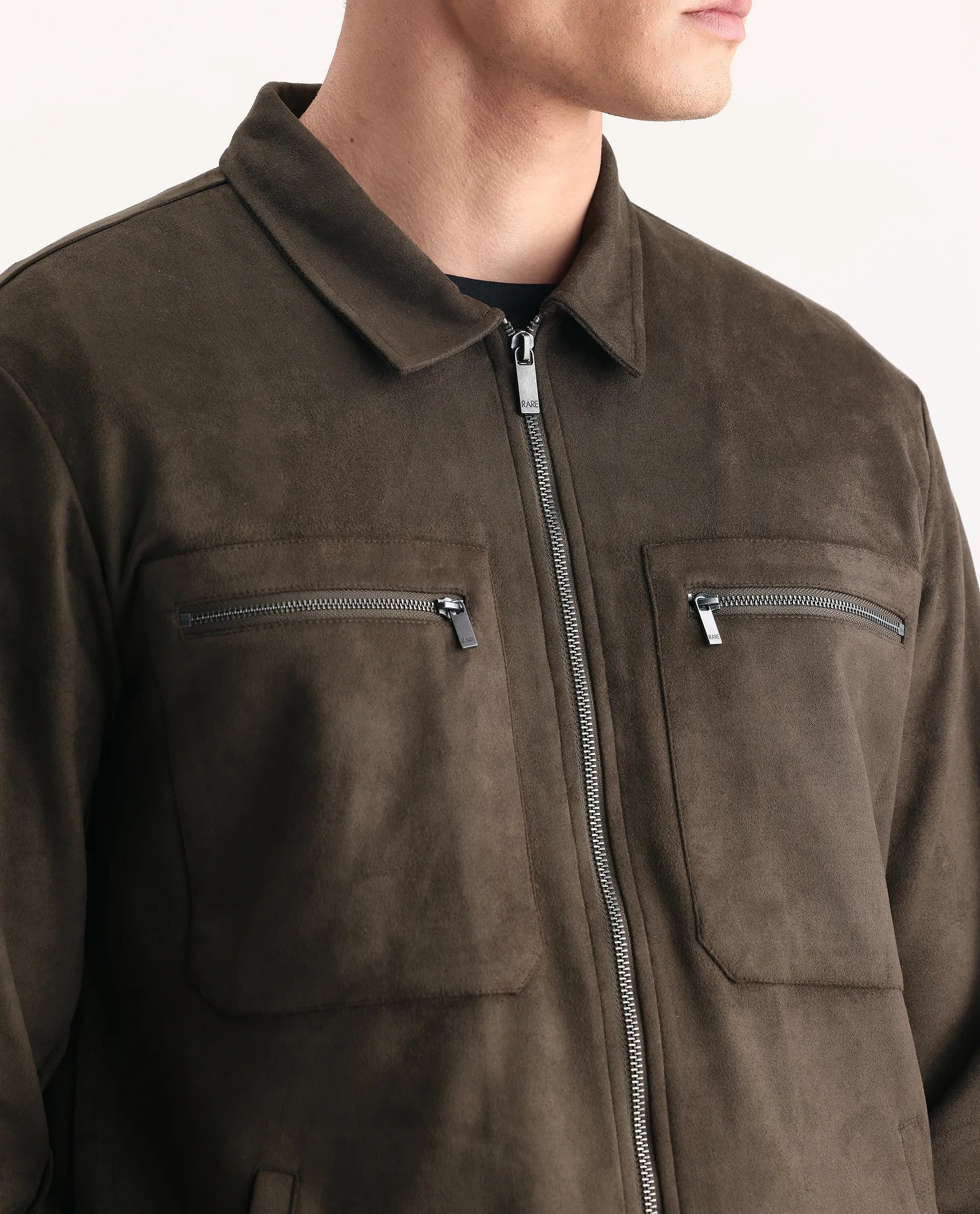 Rare Rabbit Men's Bax-25 Dark Olive Polyester Blend Plain Relaxed Fit Full Sleeve Spread Collar Jacket