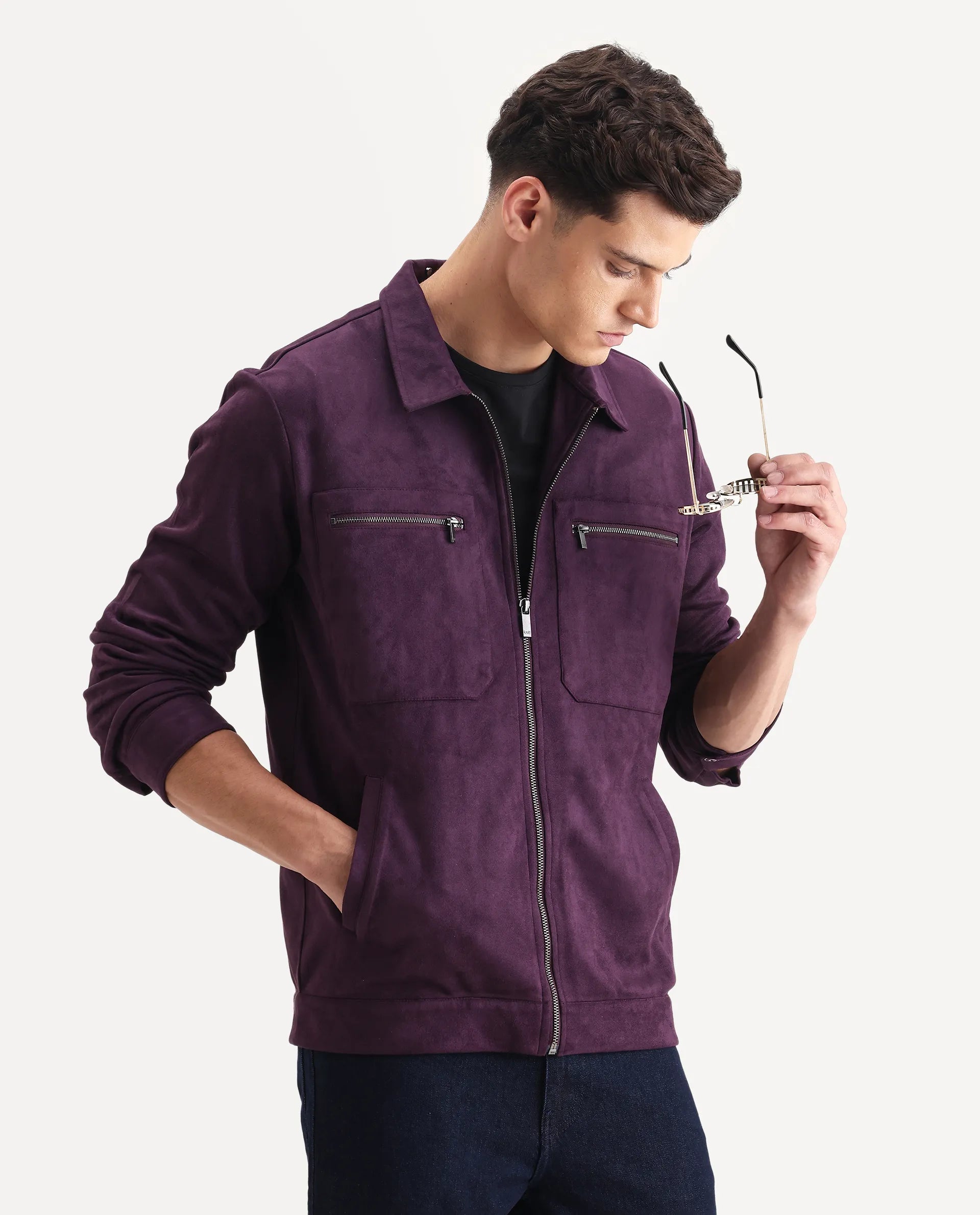 Rare Rabbit Men's Bax-25 Purple Polyester Blend Plain Relaxed Fit Full Sleeve Spread Collar Jacket