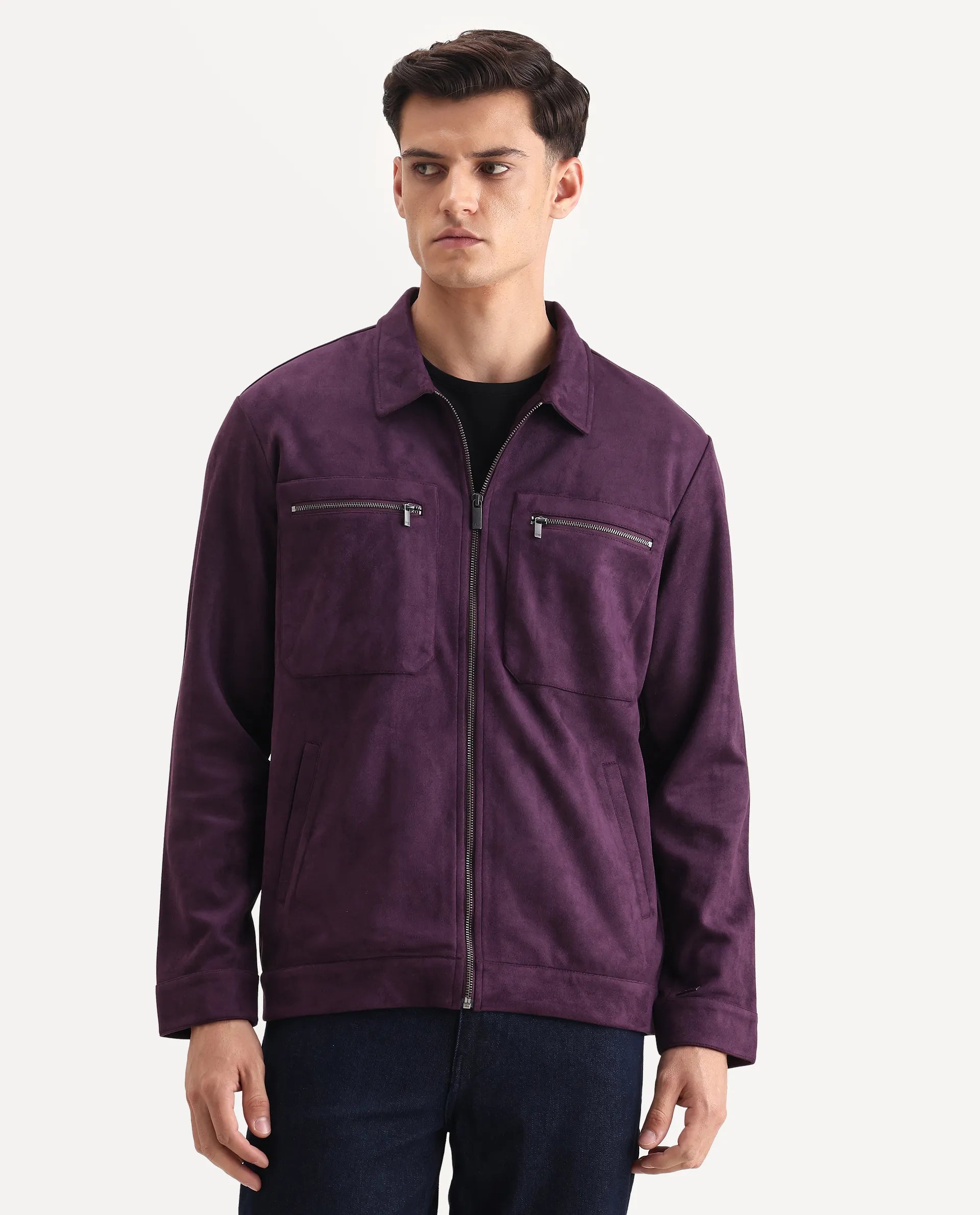 Rare Rabbit Men's Bax-25 Purple Polyester Blend Plain Relaxed Fit Full Sleeve Spread Collar Jacket