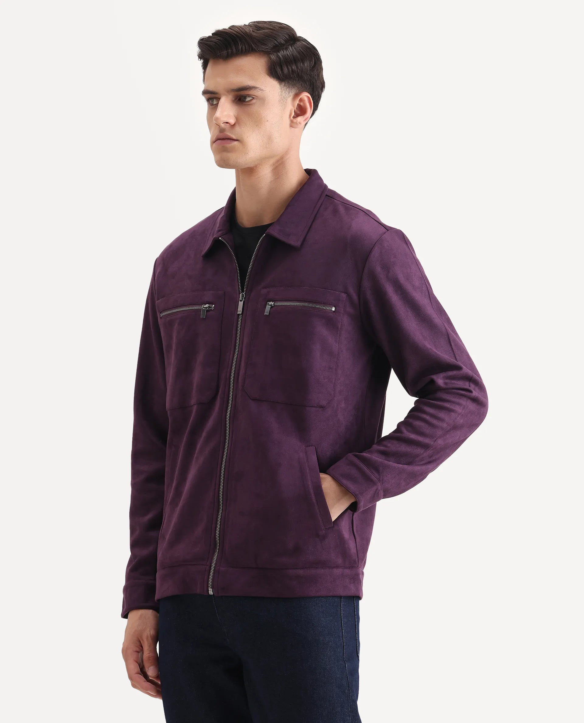Rare Rabbit Men's Bax-25 Purple Polyester Blend Plain Relaxed Fit Full Sleeve Spread Collar Jacket