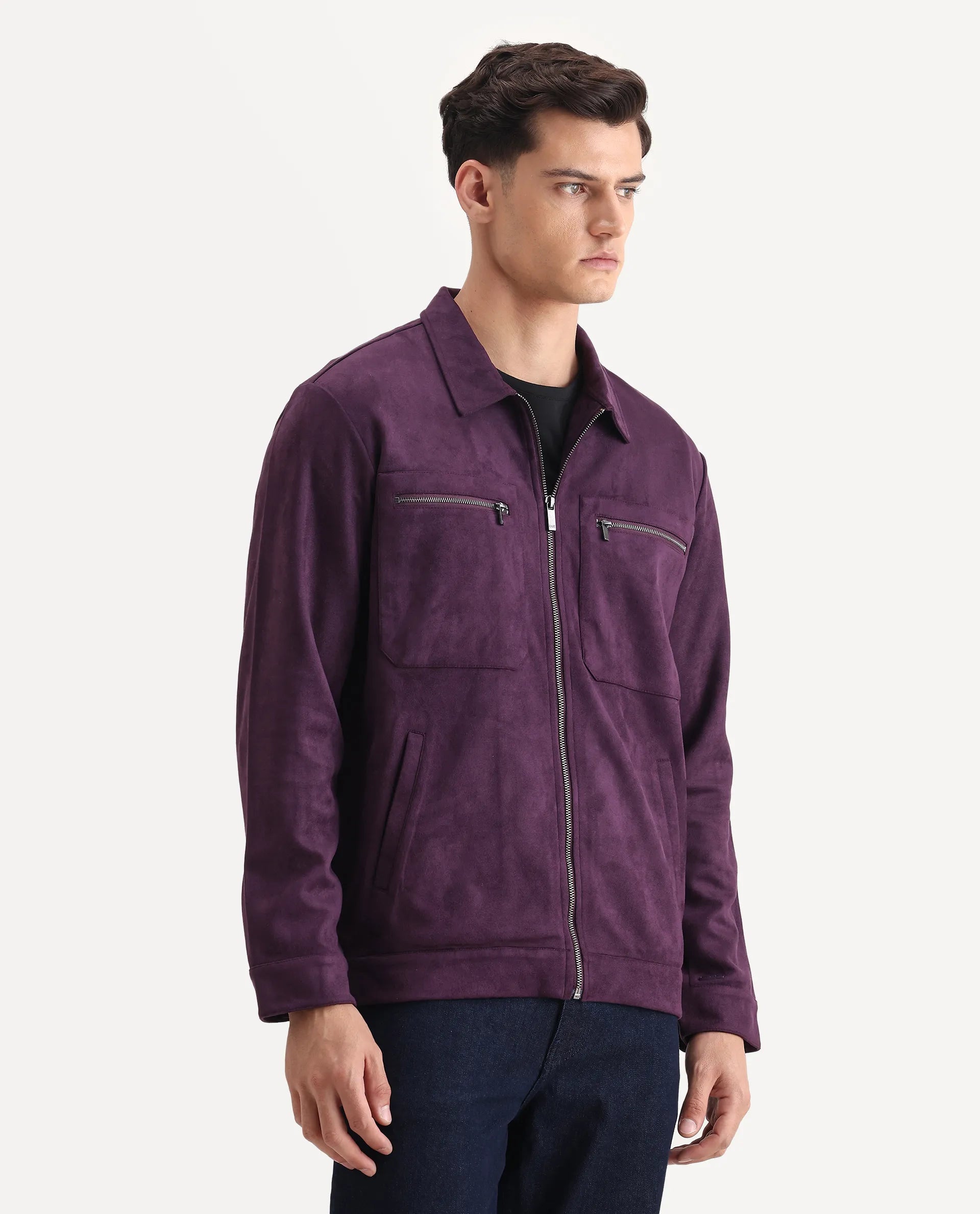 Rare Rabbit Men's Bax-25 Purple Polyester Blend Plain Relaxed Fit Full Sleeve Spread Collar Jacket