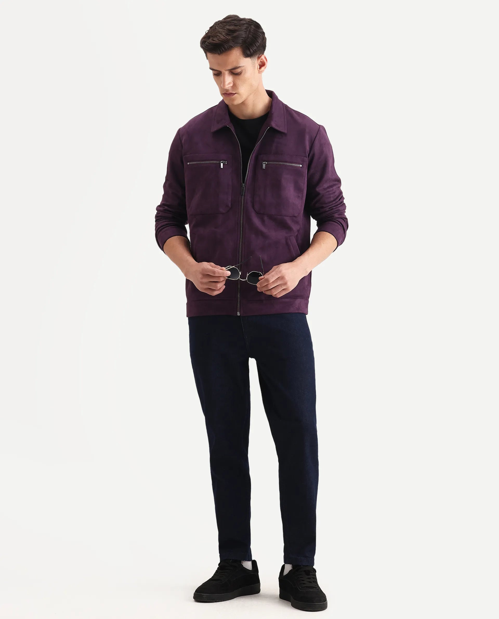 Rare Rabbit Men's Bax-25 Purple Polyester Blend Plain Relaxed Fit Full Sleeve Spread Collar Jacket