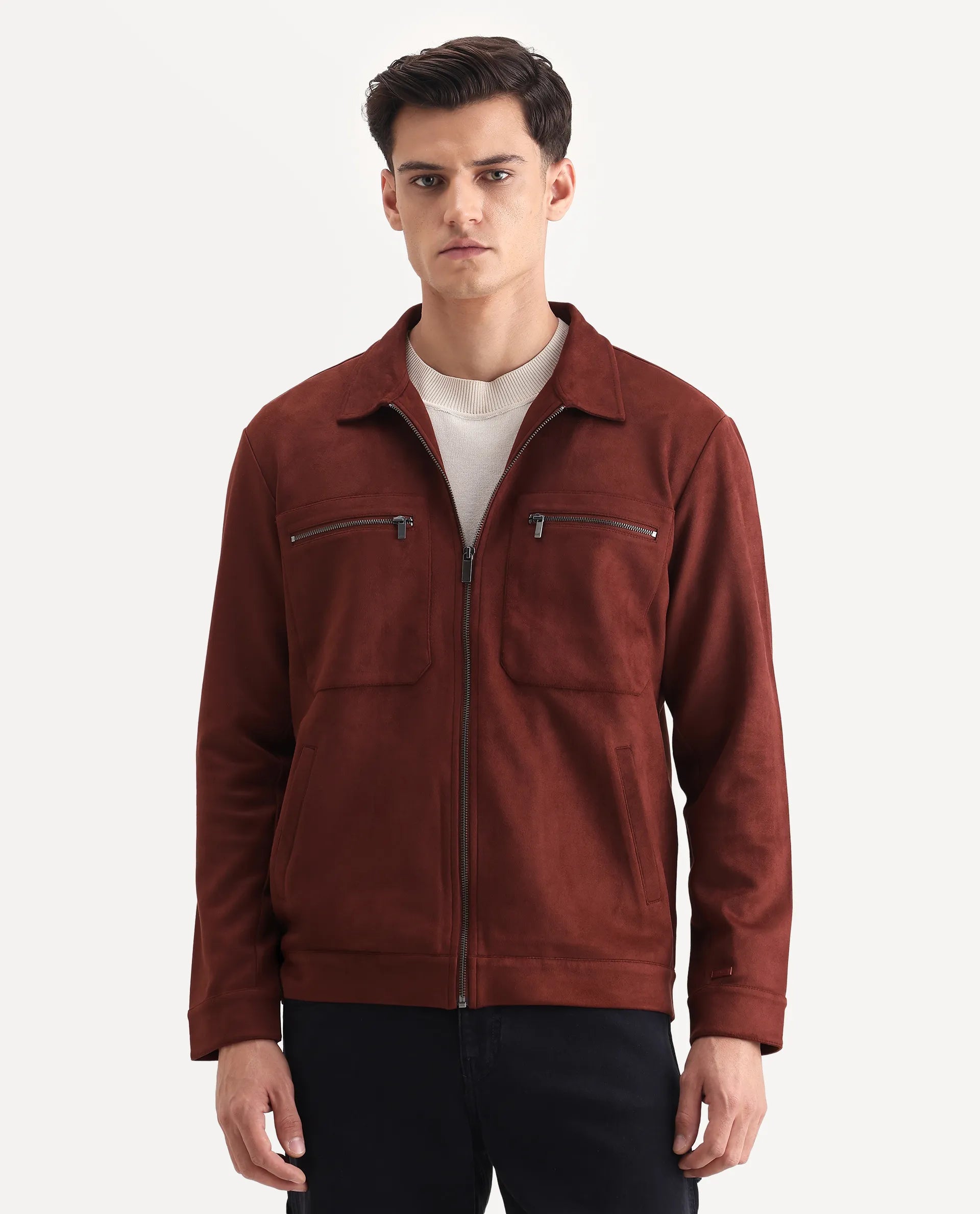 Rare Rabbit Men's Bax-25 Rust Polyester Blend Plain Relaxed Fit Full Sleeve Spread Collar Jacket