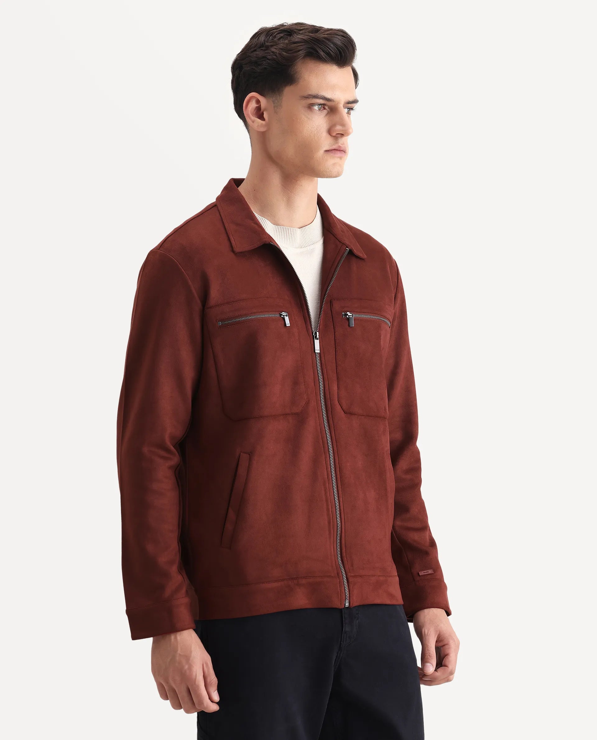 Rare Rabbit Men's Bax-25 Rust Polyester Blend Plain Relaxed Fit Full Sleeve Spread Collar Jacket