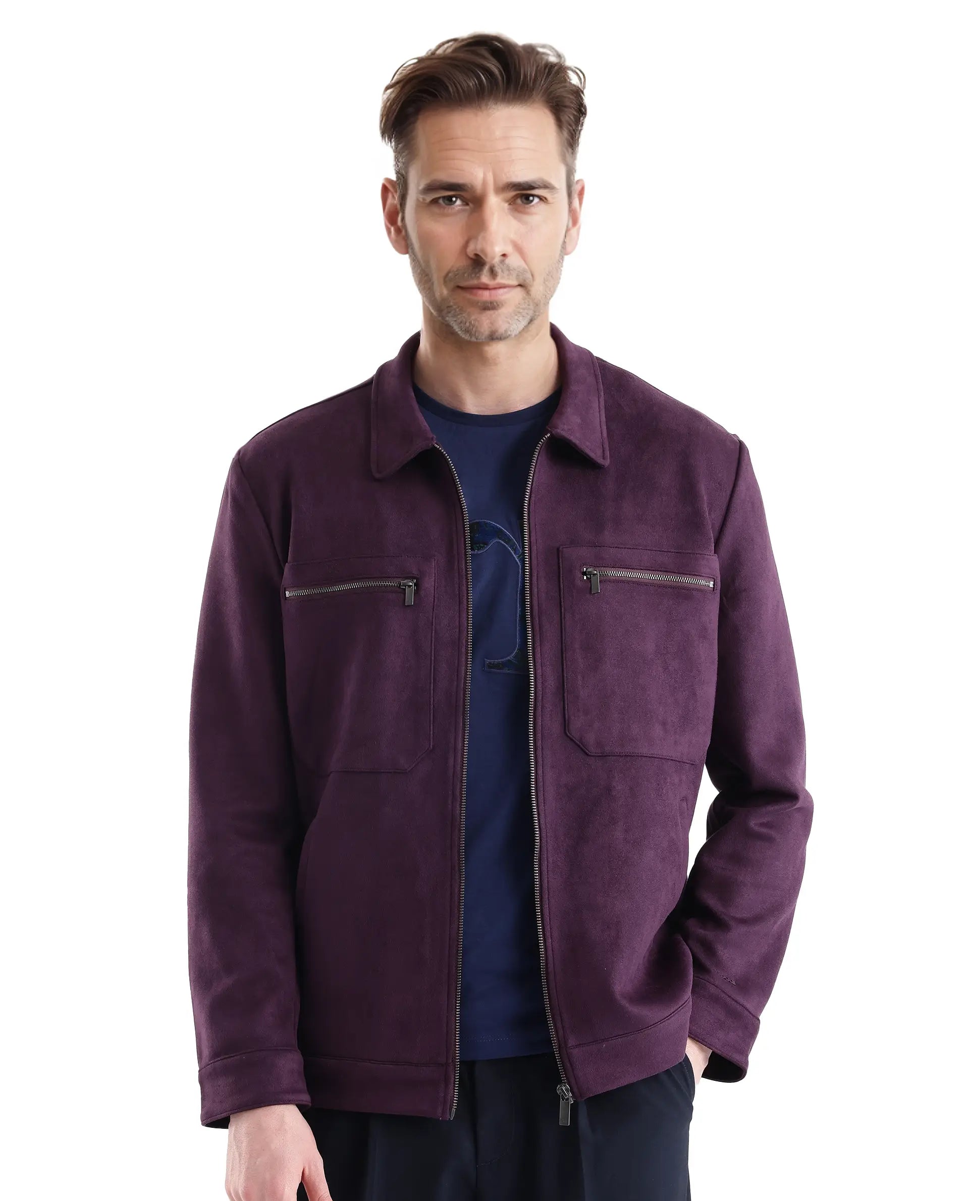 Rare Rabbit Men Bax-3 Dark Purple Polyester Spandex Fabric Full Sleeve Collared Neck Zipper Closure Regular Fit Plain Jacket
