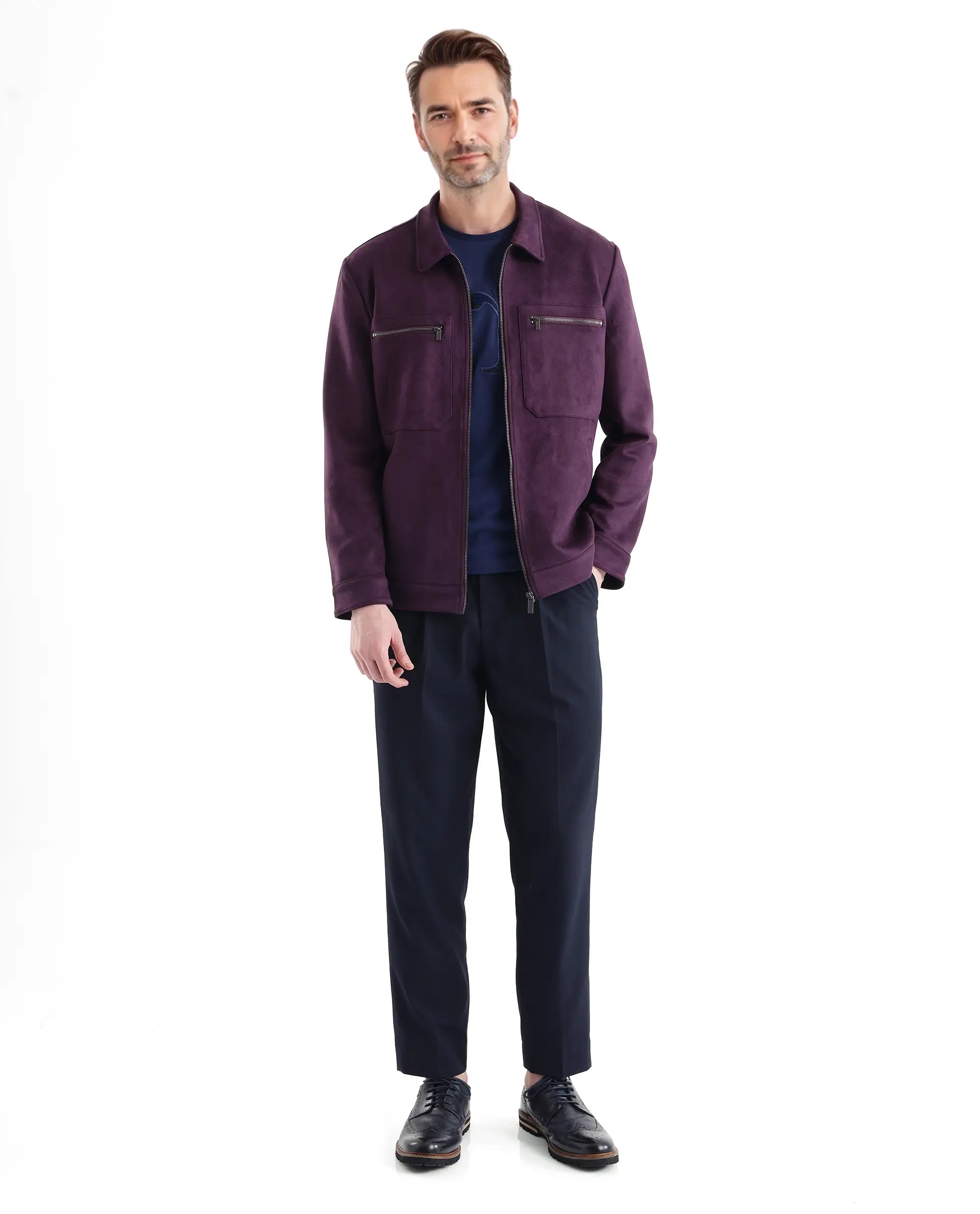 Rare Rabbit Men Bax-3 Dark Purple Polyester Spandex Fabric Full Sleeve Collared Neck Zipper Closure Regular Fit Plain Jacket