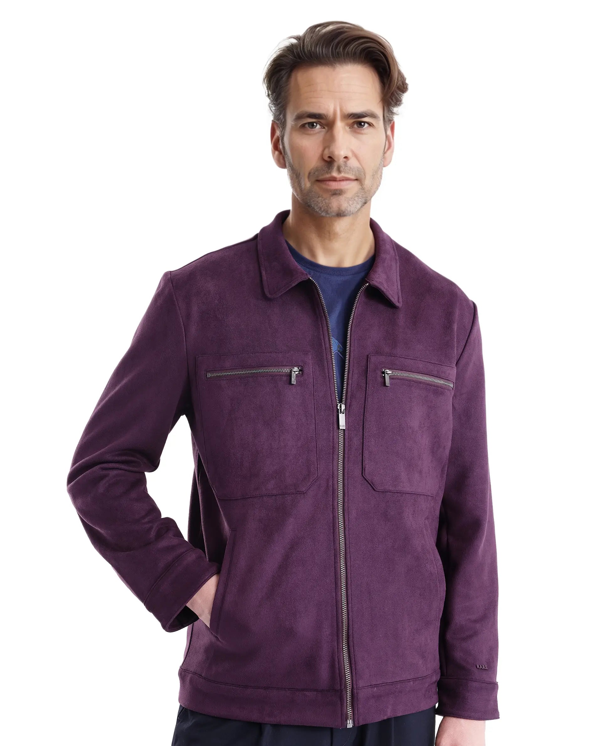 Rare Rabbit Men Bax-3 Dark Purple Polyester Spandex Fabric Full Sleeve Collared Neck Zipper Closure Regular Fit Plain Jacket