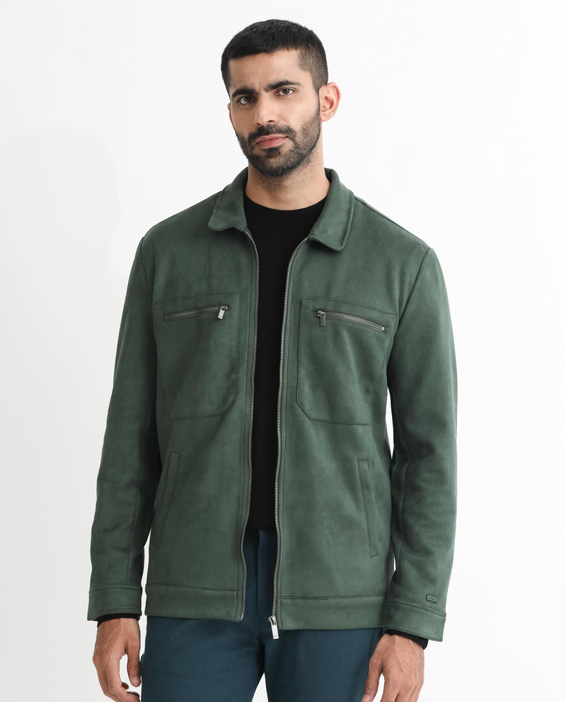 RARE RABBIT MENS BAX GREEN JACKET POLYESTER FABRIC COLLARED NECK WOVEN FULL SLEEVES BUTTON AND ZIP CLOSURE BOXY FIT