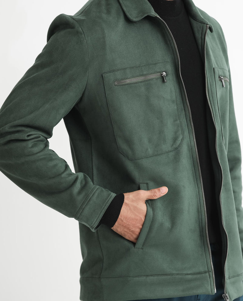 RARE RABBIT MENS BAX GREEN JACKET POLYESTER FABRIC COLLARED NECK WOVEN FULL SLEEVES BUTTON AND ZIP CLOSURE BOXY FIT
