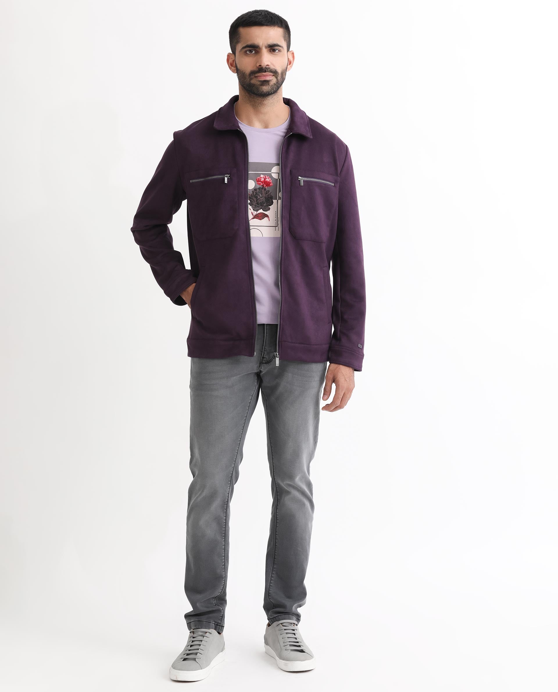 Rare Rabbit Men's Bax Purple Plain Suede Stretch Jacket