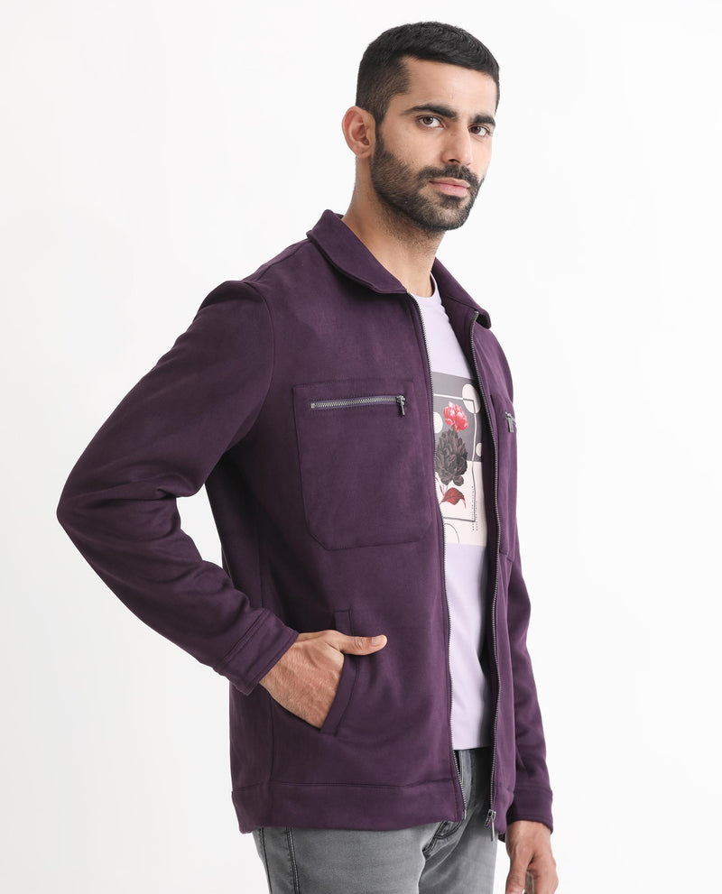 RARE RABBIT MENS BAX PURPLE JACKET POLYESTER FABRIC COLLARED NECK WOVEN FULL SLEEVES BUTTON AND ZIP CLOSURE BOXY FIT