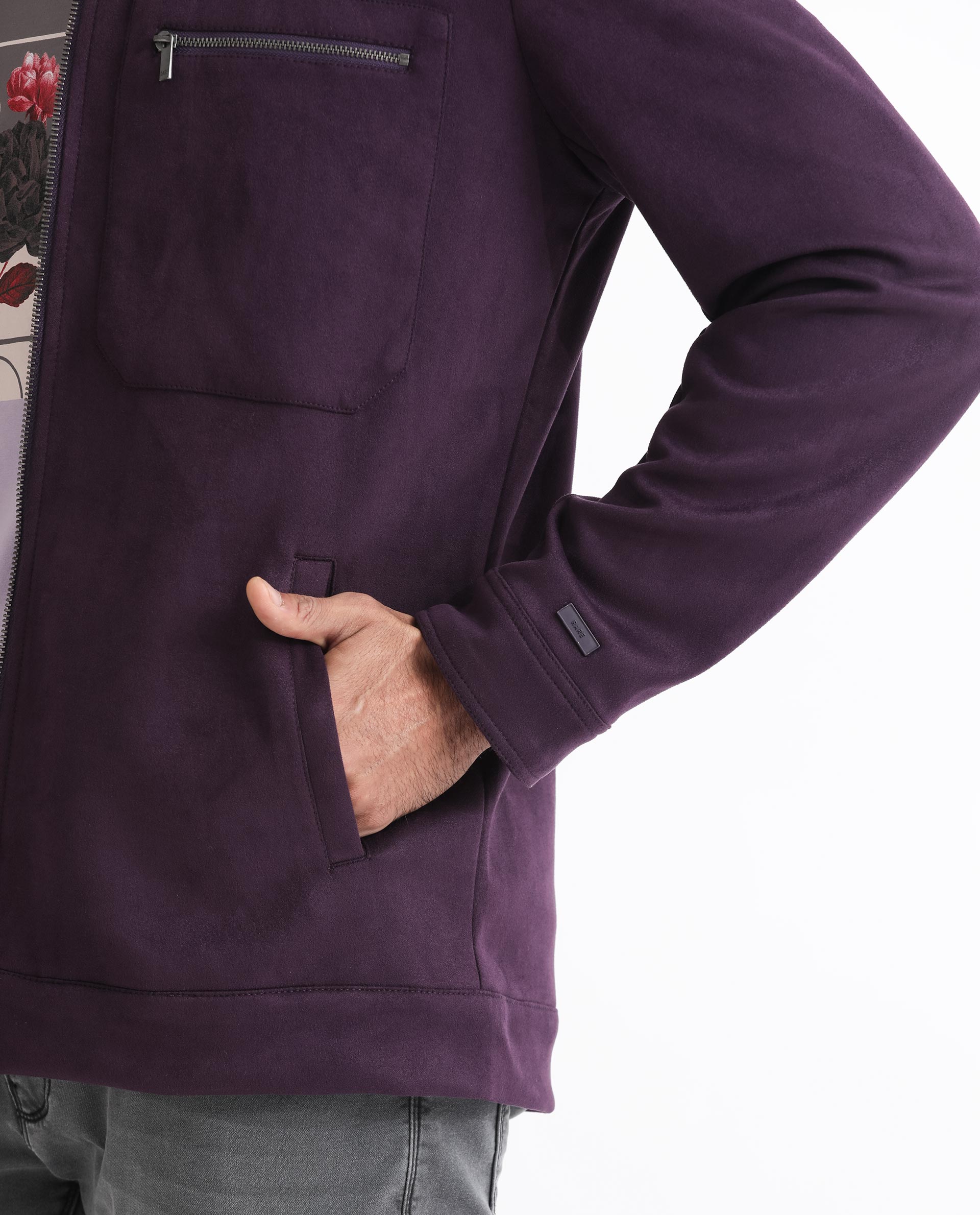 Rare Rabbit Men's Bax Purple Plain Suede Stretch Jacket