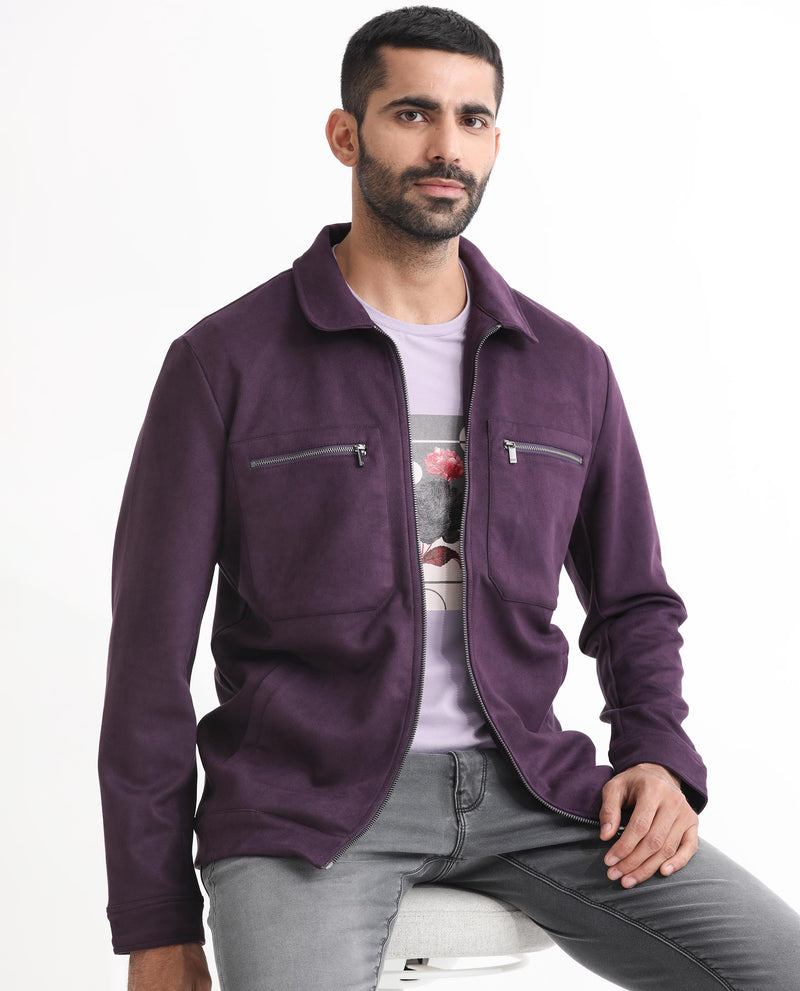 RARE RABBIT MENS BAX PURPLE JACKET POLYESTER FABRIC COLLARED NECK WOVEN FULL SLEEVES BUTTON AND ZIP CLOSURE BOXY FIT