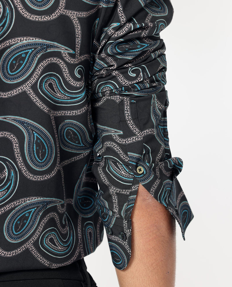 Rare Rabbit Men's Baxon Black Viscose Fabric Paisley Print Full Sleeves Shirt