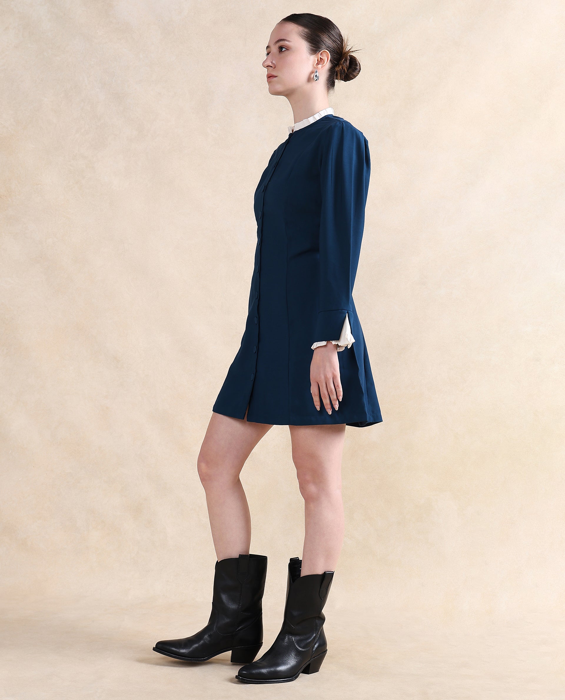 Rareism Women Bayburt Teal Poly Blend Fabric Full Sleeve Ruffled Neck Button Closure Straight Fit Knee Length Plain Dress