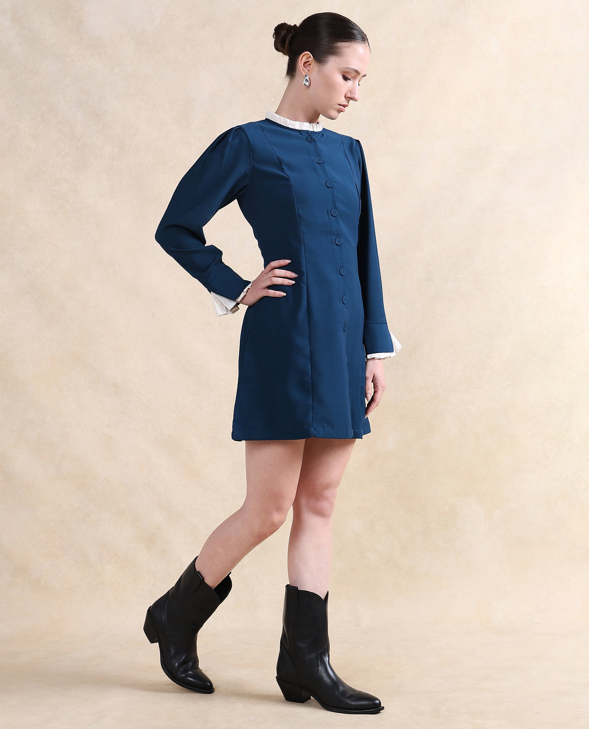 Rareism Women Bayburt Teal Poly Blend Fabric Full Sleeve Ruffled Neck Button Closure Straight Fit Knee Length Plain Dress