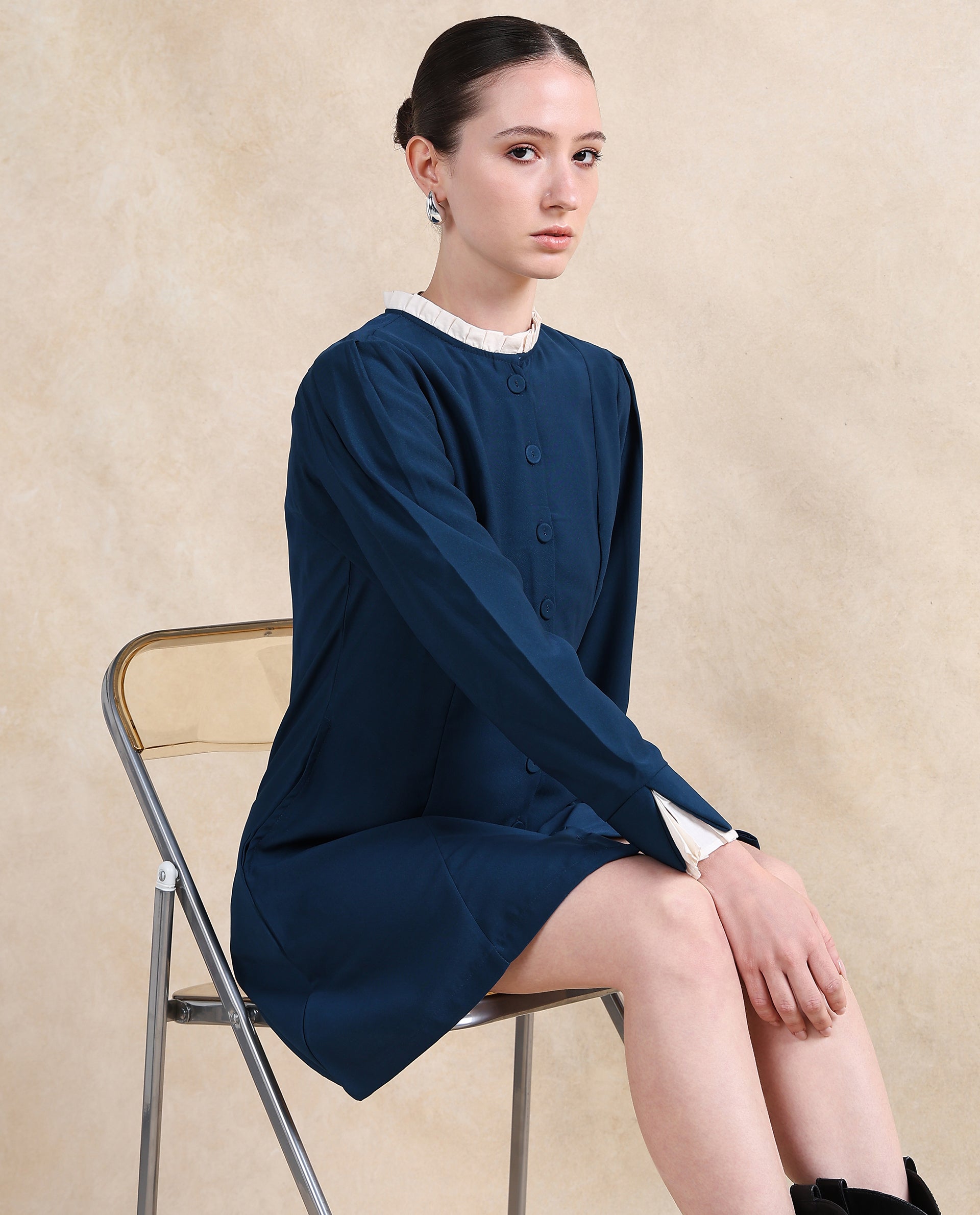 Rareism Women Bayburt Teal Poly Blend Fabric Full Sleeve Ruffled Neck Button Closure Straight Fit Knee Length Plain Dress