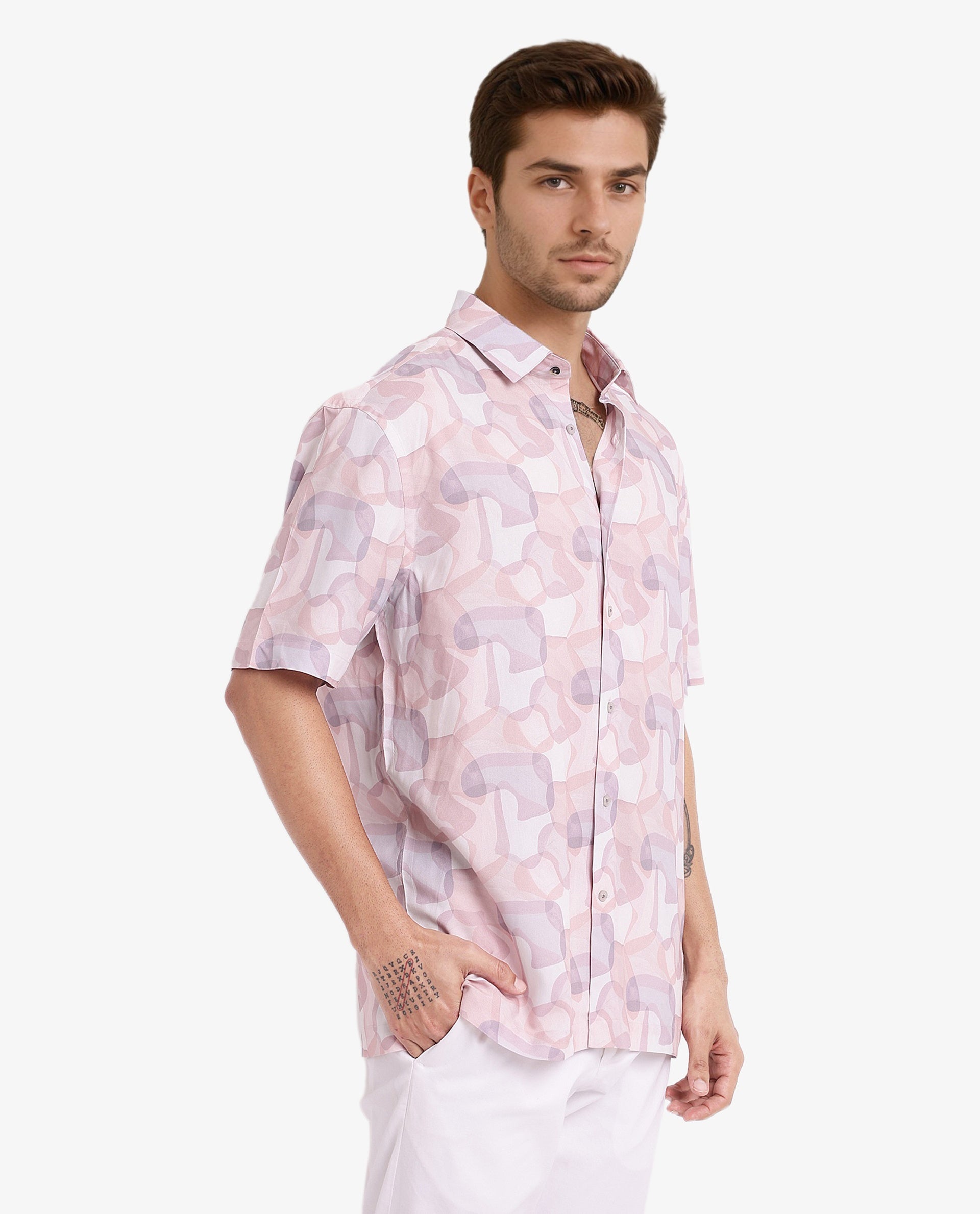 Rare Rabbit Men's Baykal Light Brown Viscose Fabric Abstract Print Half Sleeves Shirt